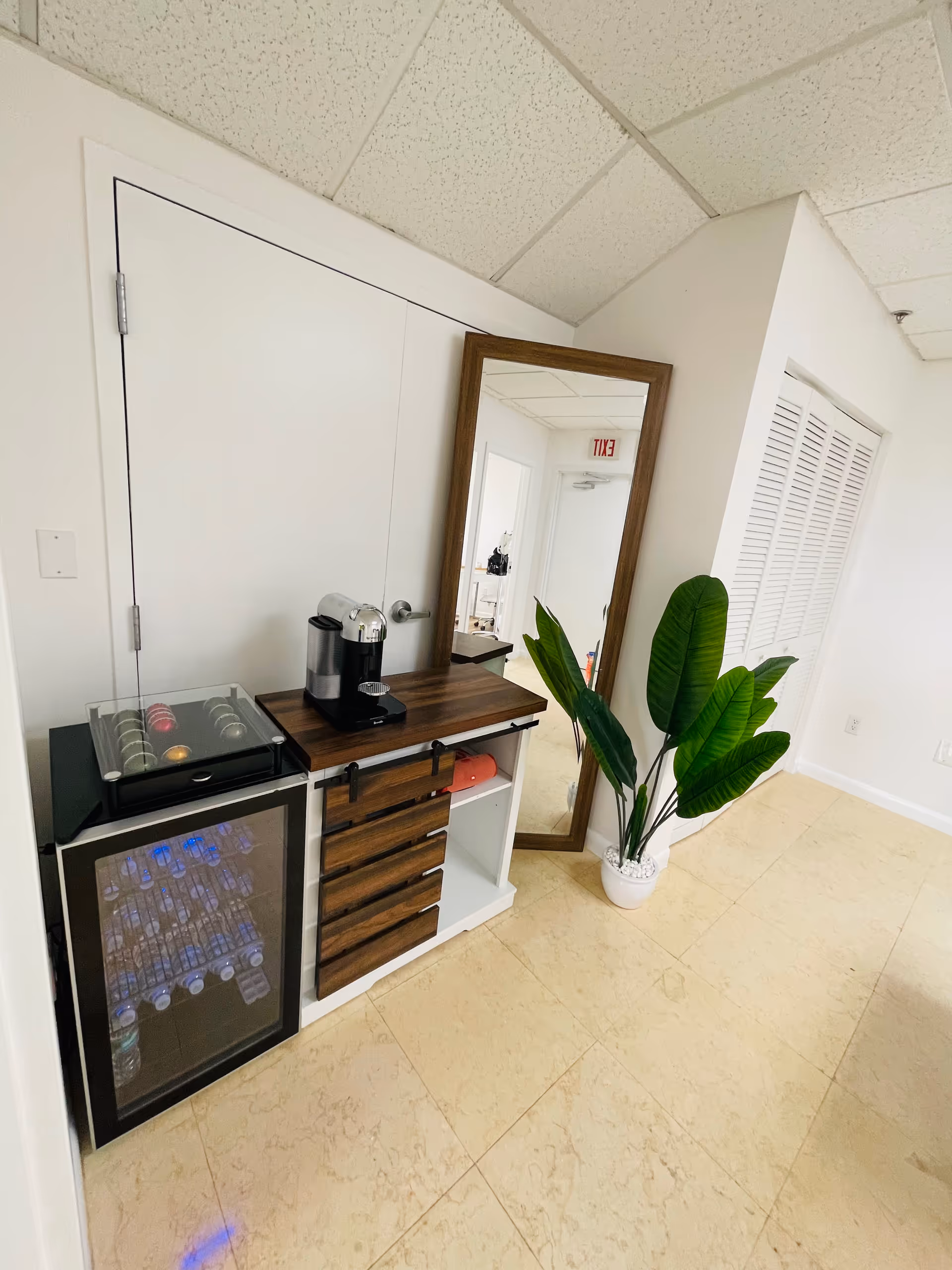 Coffee station with a small fridge, a mirror, and a potted plant in a bright hallway.