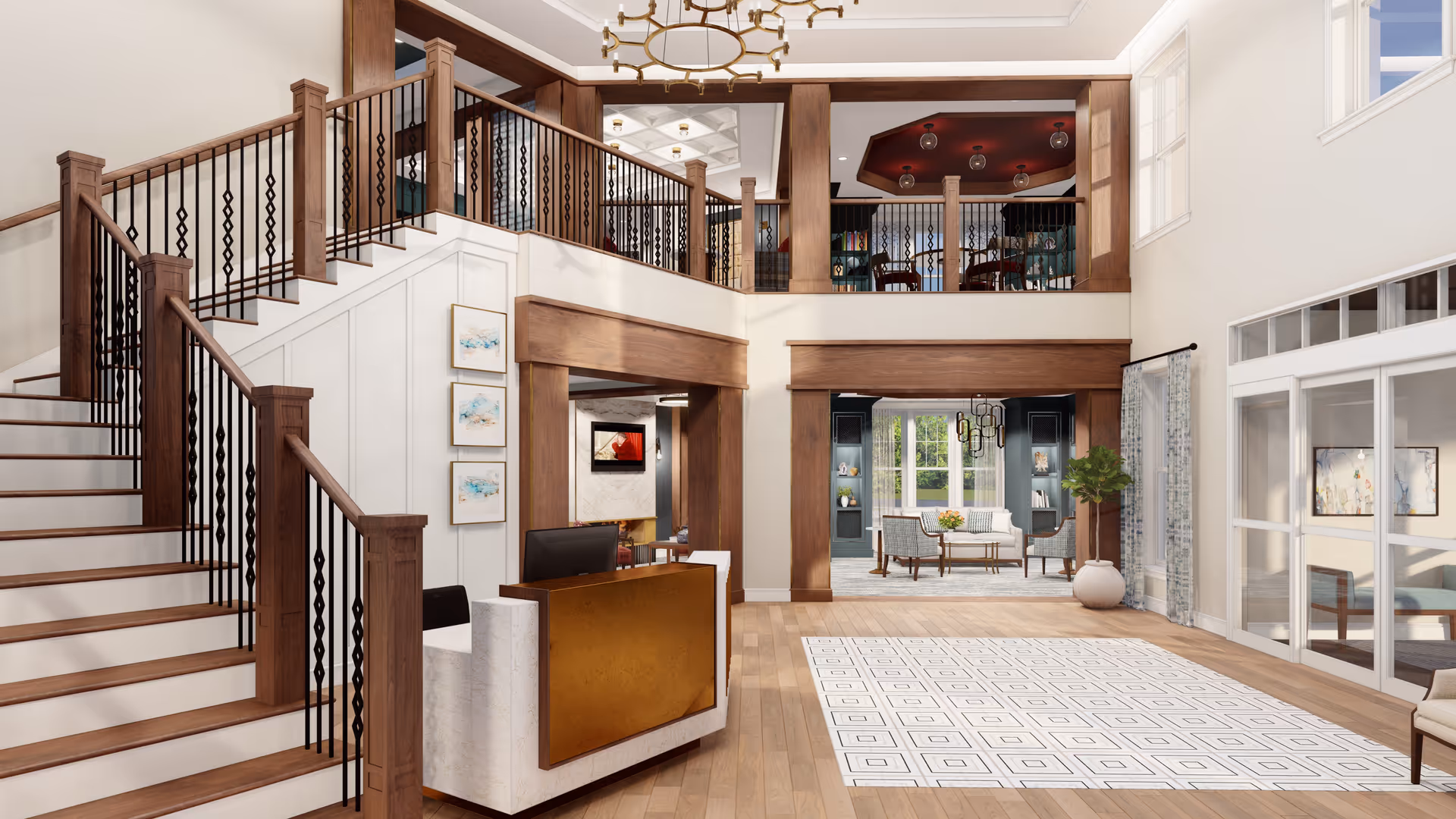 Two-story senior living lobby with wooden staircase, mezzanine, and seating area.