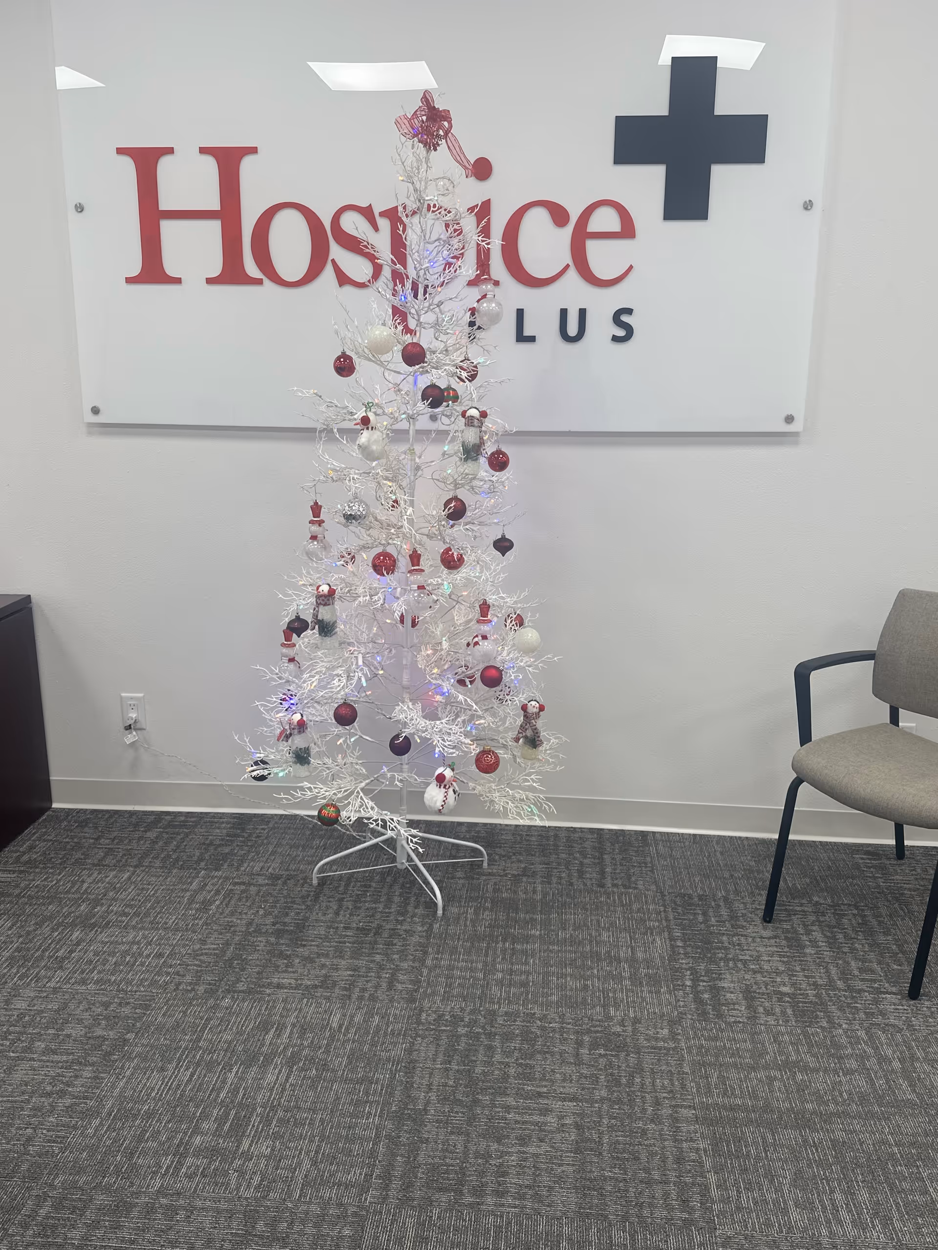White Christmas tree with red ornaments stands before Hospice Plus sign in a lobby.