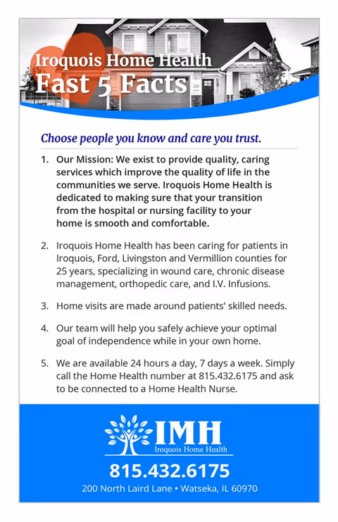 Exterior view of a house with a blue curved banner and Iroquois Home Health flyer.