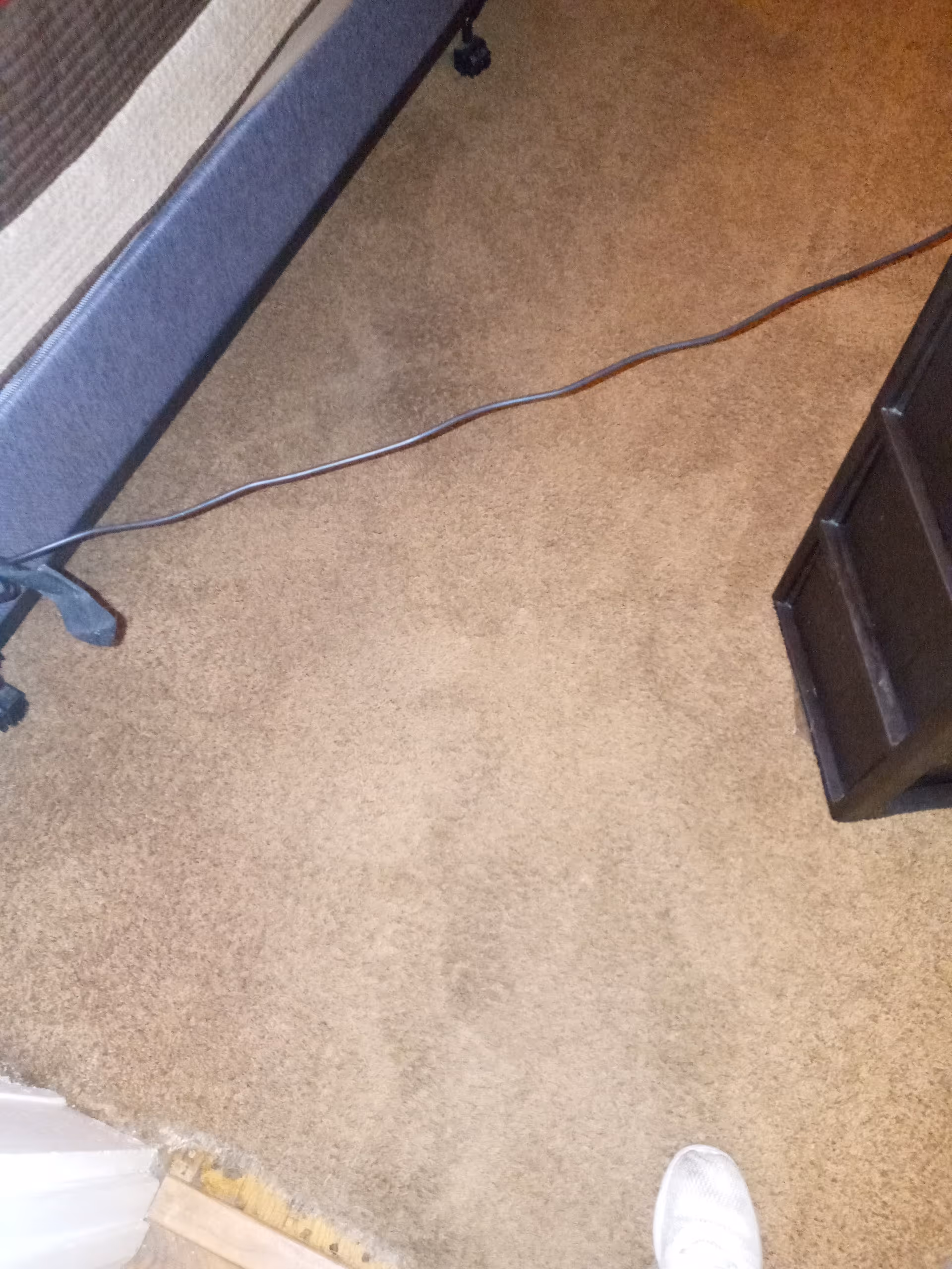 Interior bedroom with bed, carpet, and a long electrical cord across the floor.