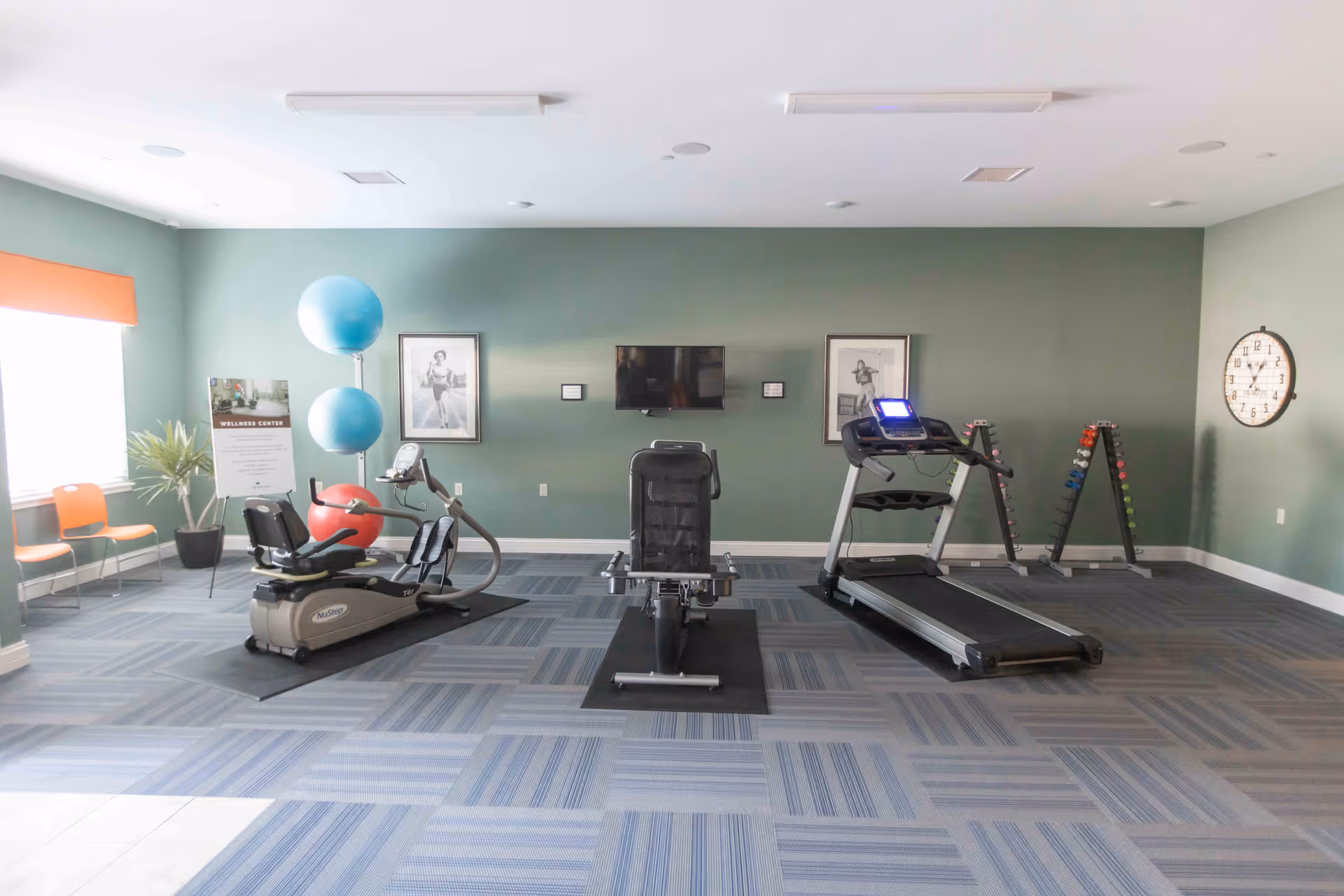 A fitness room with exercise equipment including a recumbent bike, a rowing machine, and a treadmill. The room has green walls, a wall-mounted TV, framed pictures, a rack of dumbbells, and two large blue exercise balls. There are two orange chairs and a potted plant near a window with an orange valance.