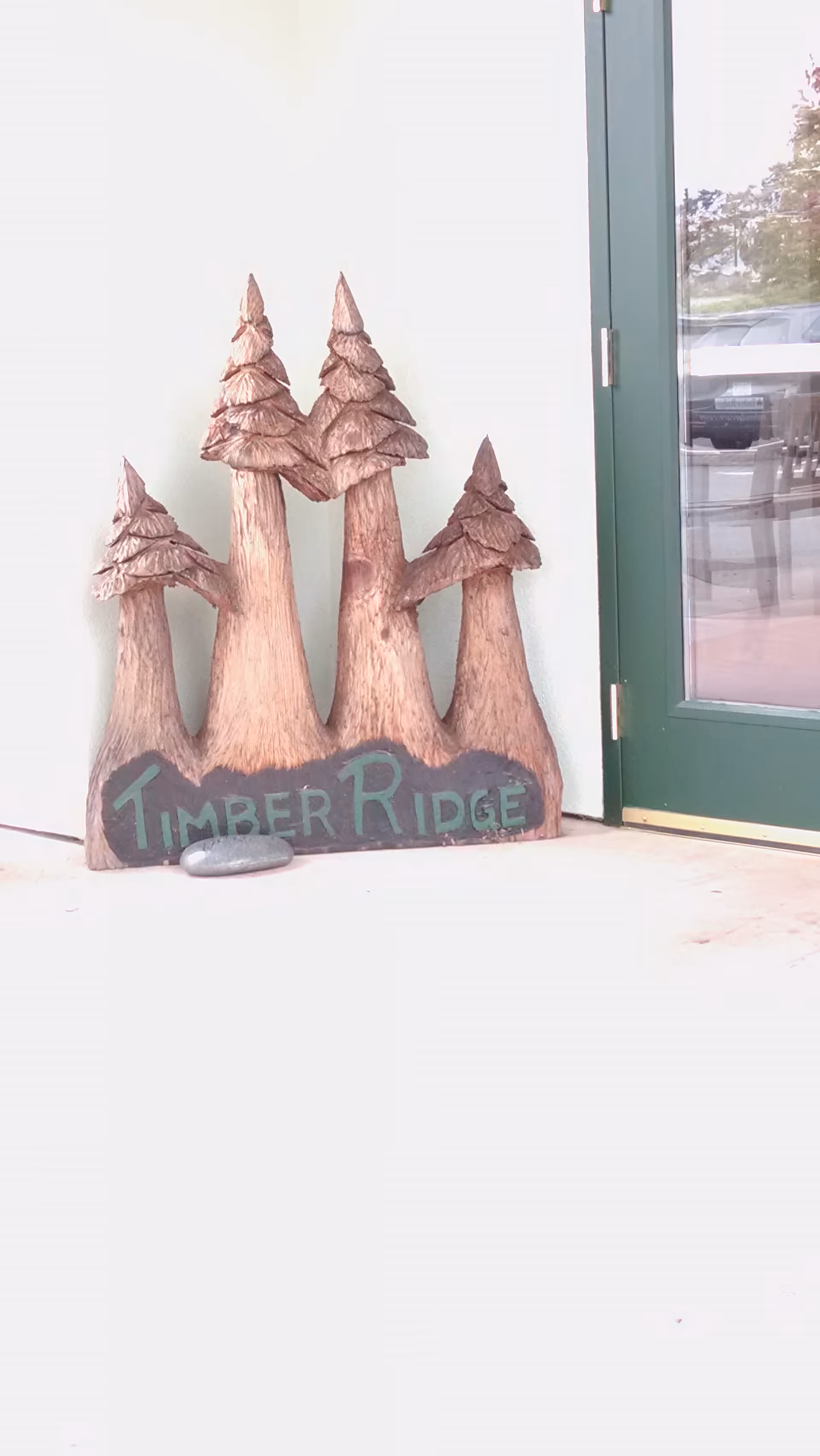 Timber Ridge sign with wooden tree sculptures at facility entrance.