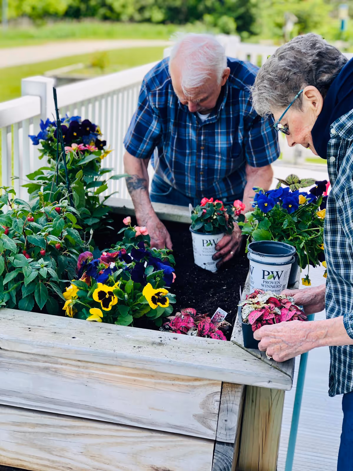 Two elderly individuals planting colorful flowers in a raised wooden garden bed on a porch or patio with a white railing and green outdoor background.