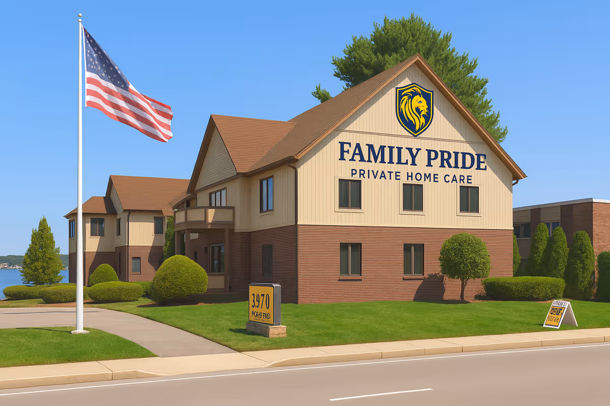 Exterior view of Family Pride Private Home Care building with flag and landscaping.