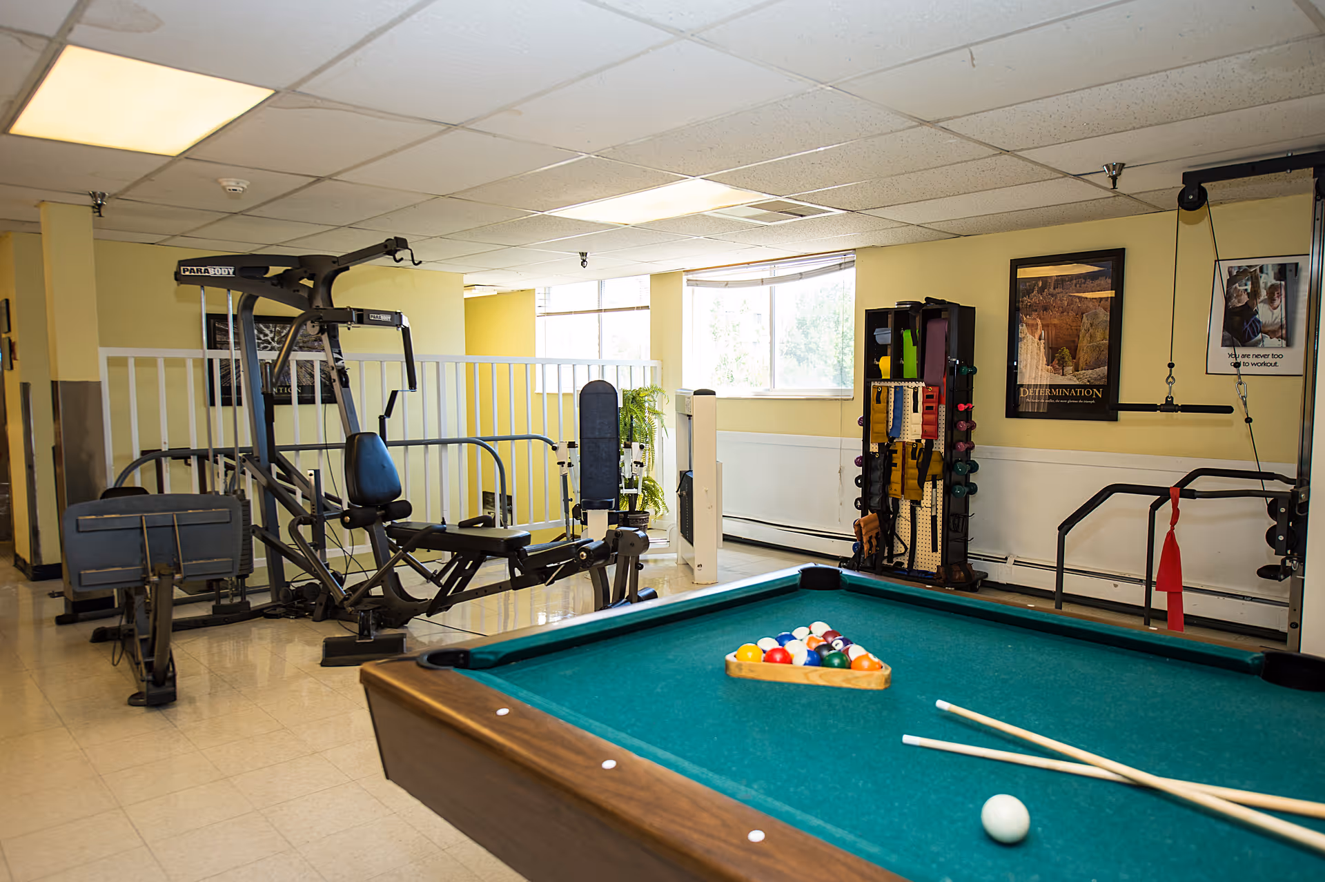 Recreation room with a pool table in the foreground and exercise equipment and weights along the back wall.