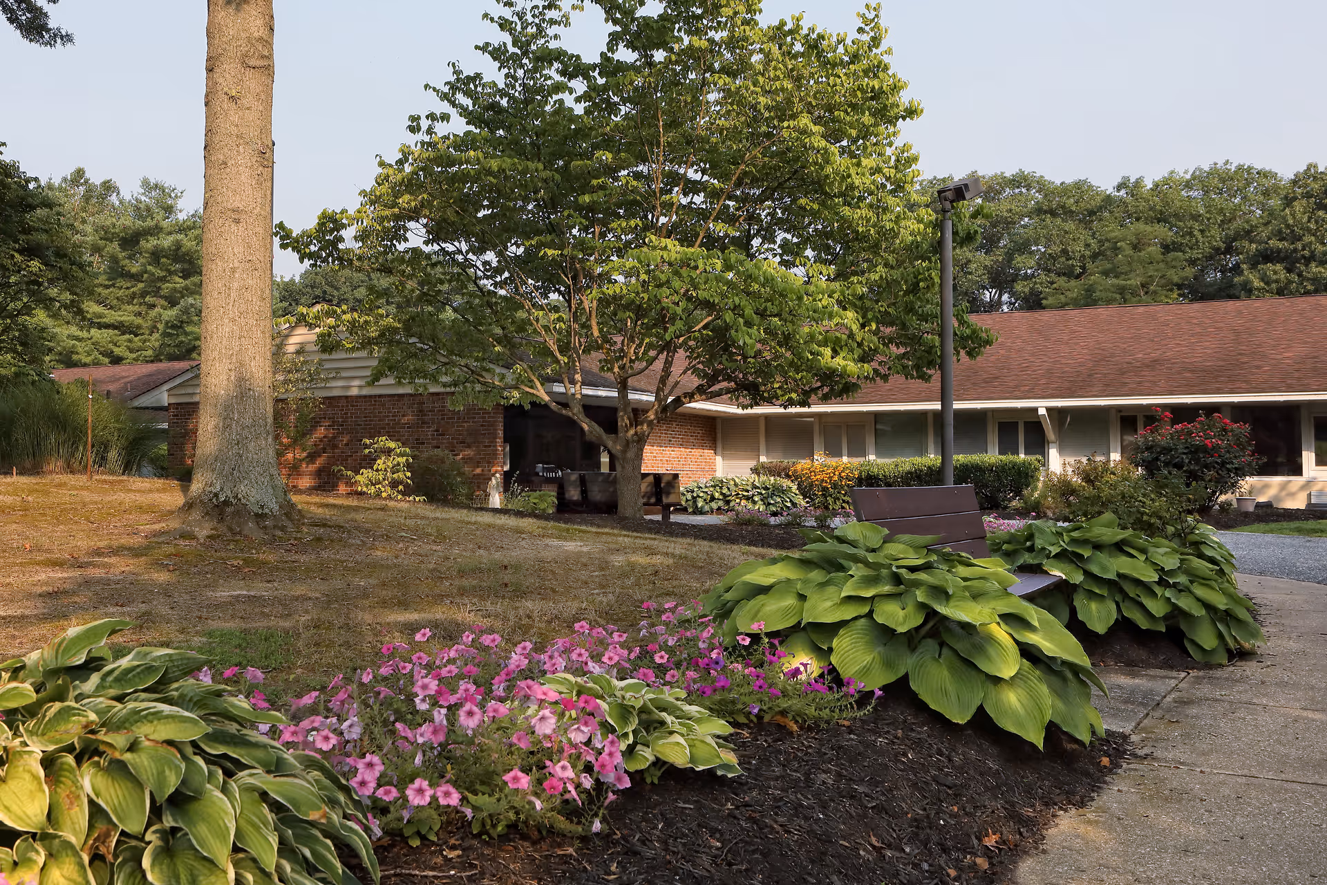 Front of a single-story brick senior living building with landscaped flowerbeds, benches, and trees.