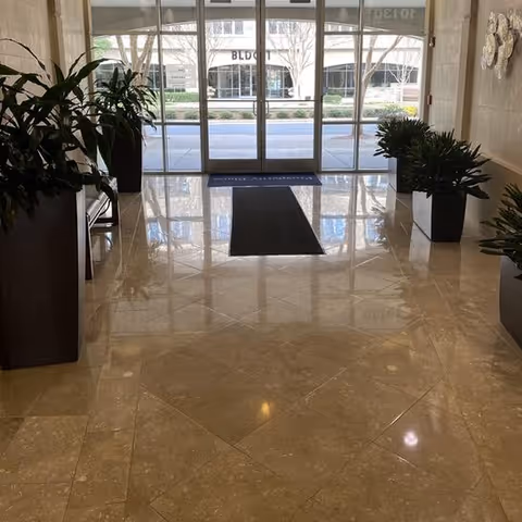Polished lobby with glass doors at the far end and potted plants along the sides.