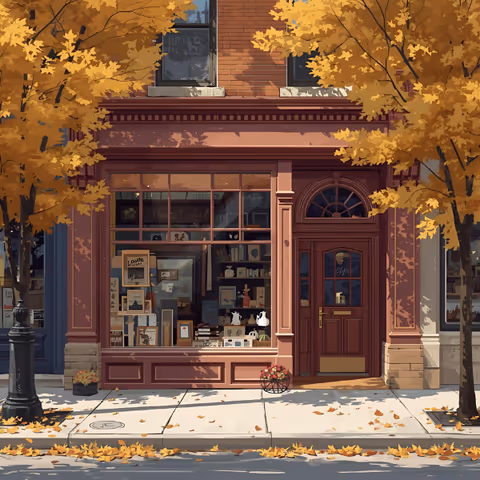 Autumn storefront framed by yellow leaves, featuring a red brick facade and window display.