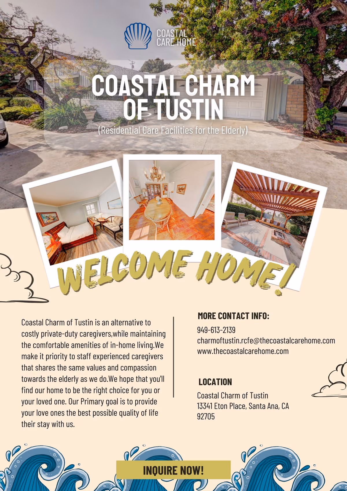 Exterior view of Coastal Charm of Tustin with a promotional flyer and interior photos.
