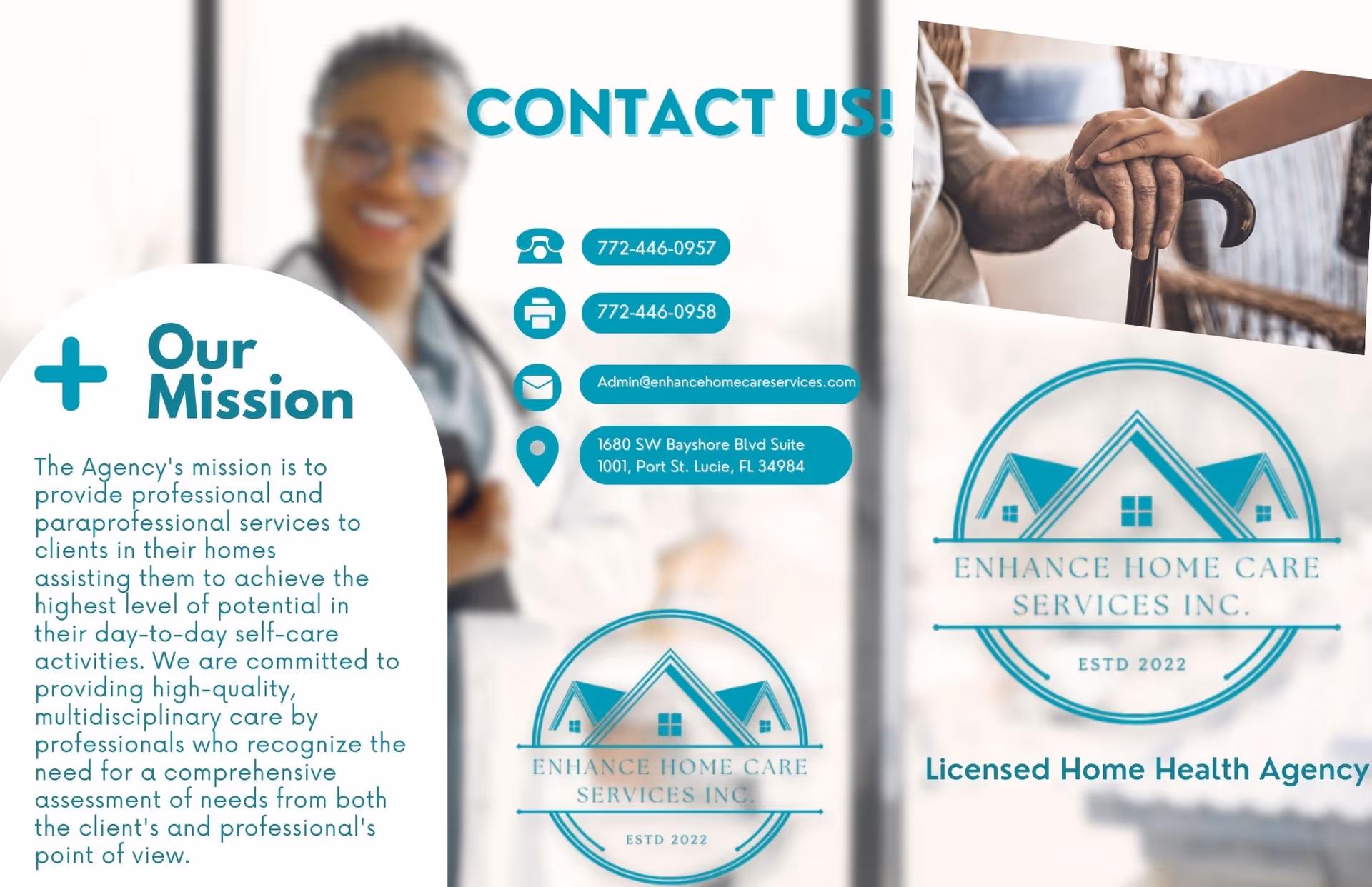 Interior promotional collage for Enhance Home Care Services showing logos, mission text, and a blurred person.