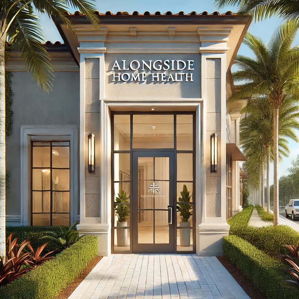 Front entrance of Alongside Home Health building with glass doors and palm trees.