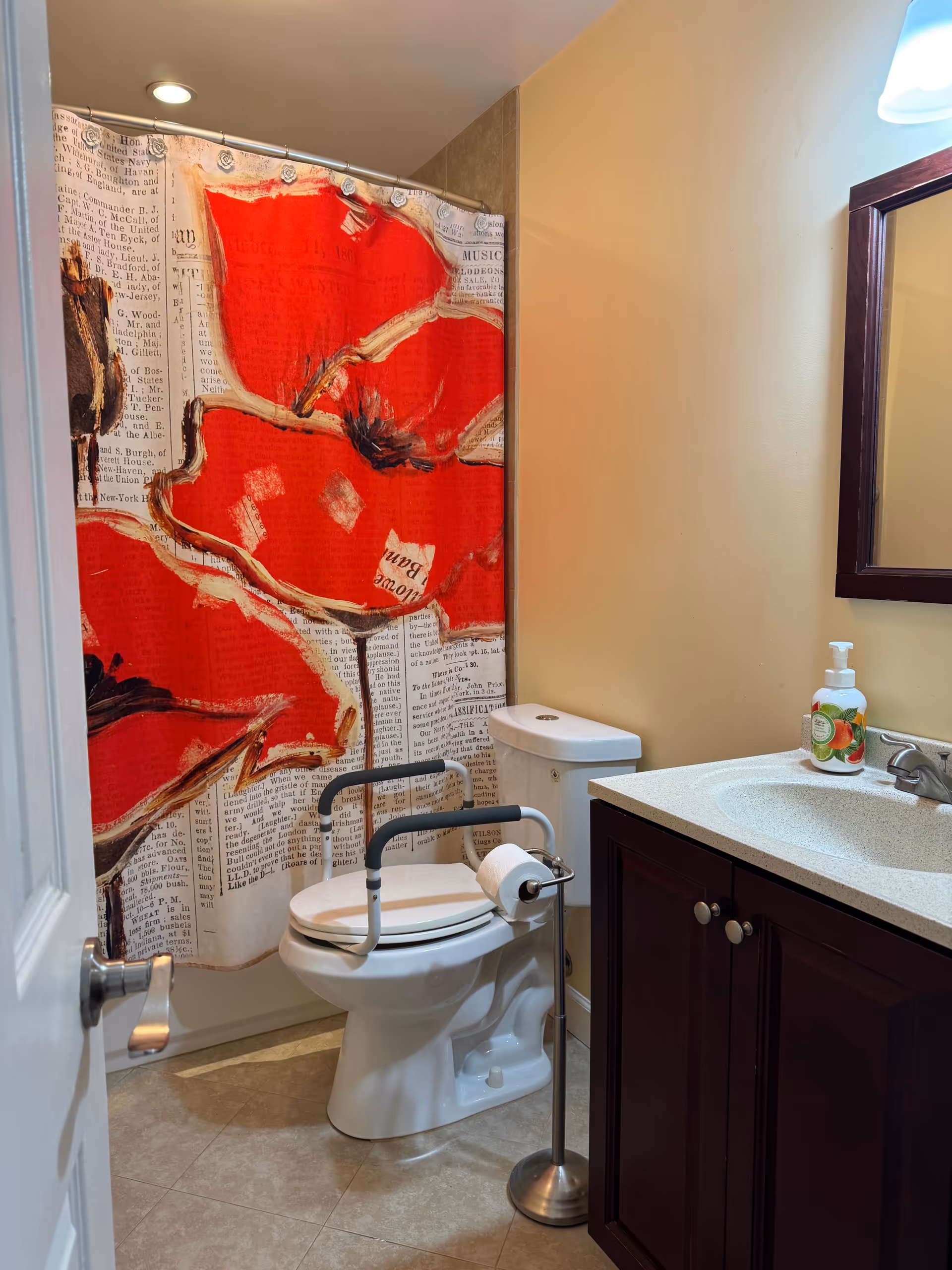 Accessible bathroom with toilet, grab bars, red-patterned shower curtain, sink, and soap.