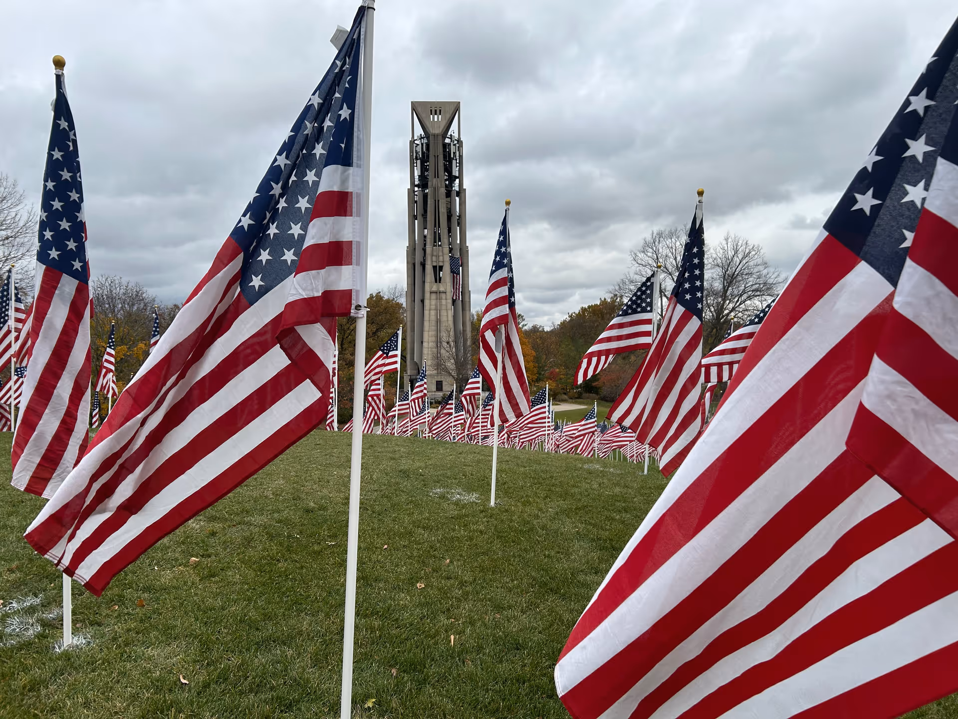 Many American flags line a grassy field around a central memorial tower.
