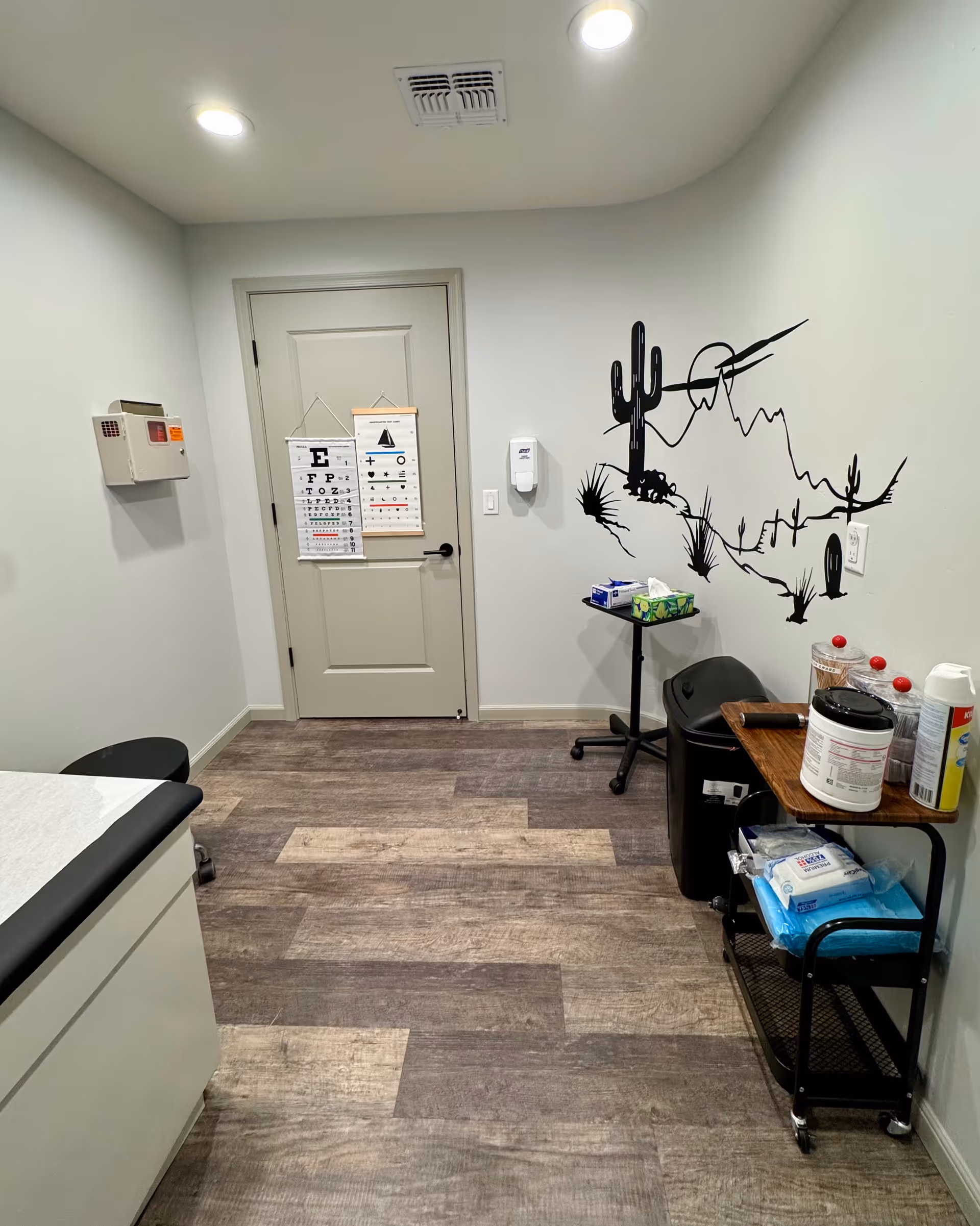 Small medical room with door, desert mural, cart, sanitizer, and supplies.