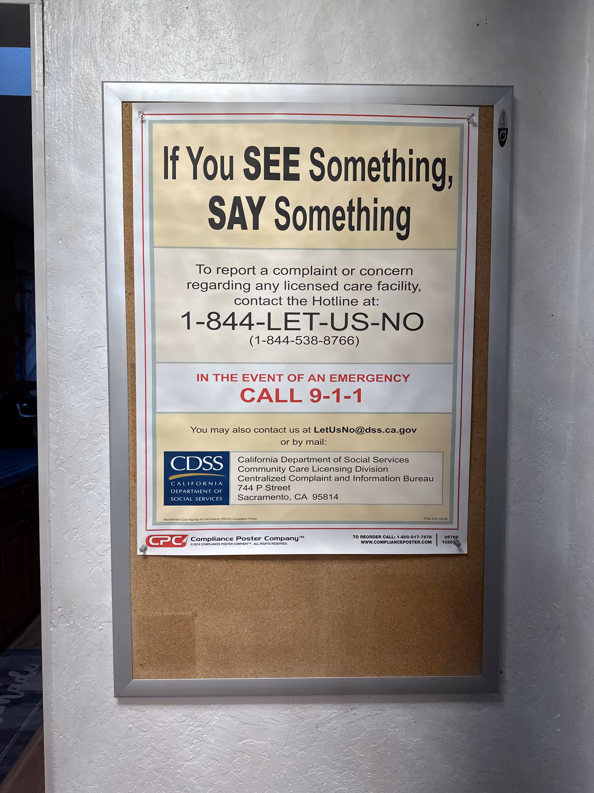 Framed bulletin board mounted on a textured interior wall displaying a large "If You SEE Something, SAY Something" poster with a hotline number and CDSS information.