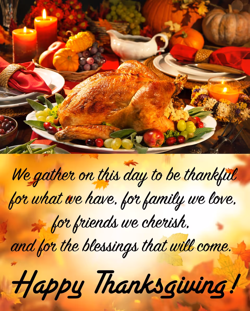 Festive Thanksgiving table setting featuring a roasted turkey, fruits, candles, and autumn decor.