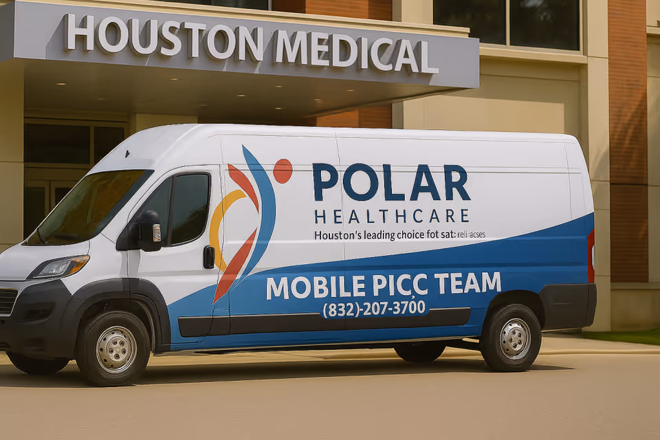 White and blue Polar Healthcare van parked in front of Houston Medical building.