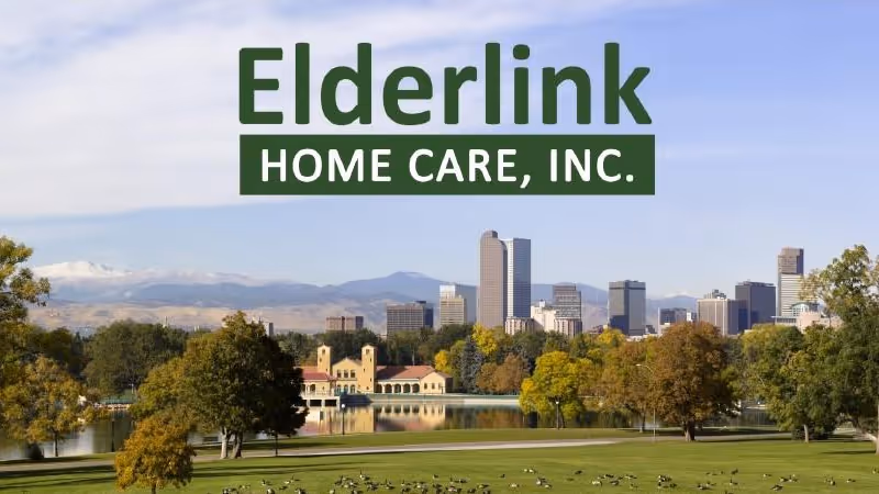 Logo banner 'Elderlink Home Care, Inc.' over a park and city skyline