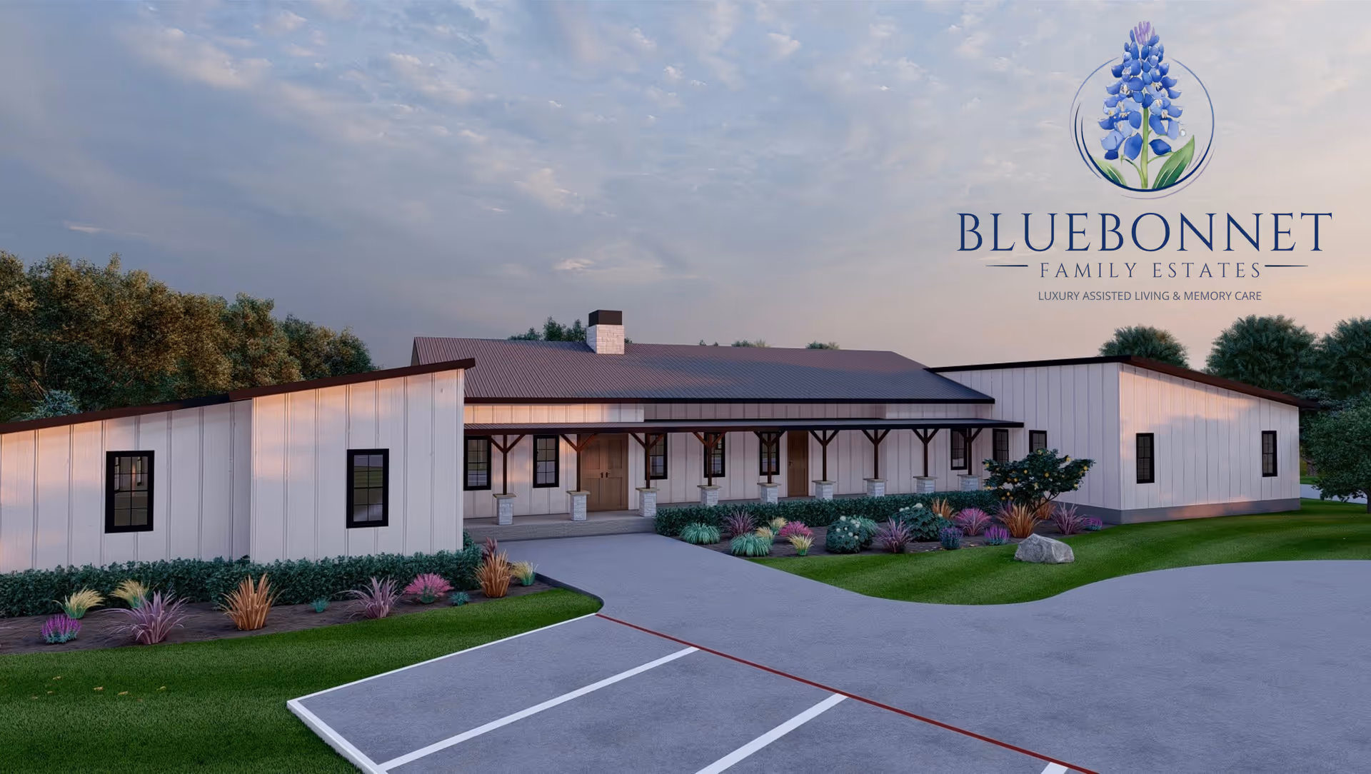 Single-story senior living facility exterior with manicured landscaping and the Bluebonnet Family Estates logo.