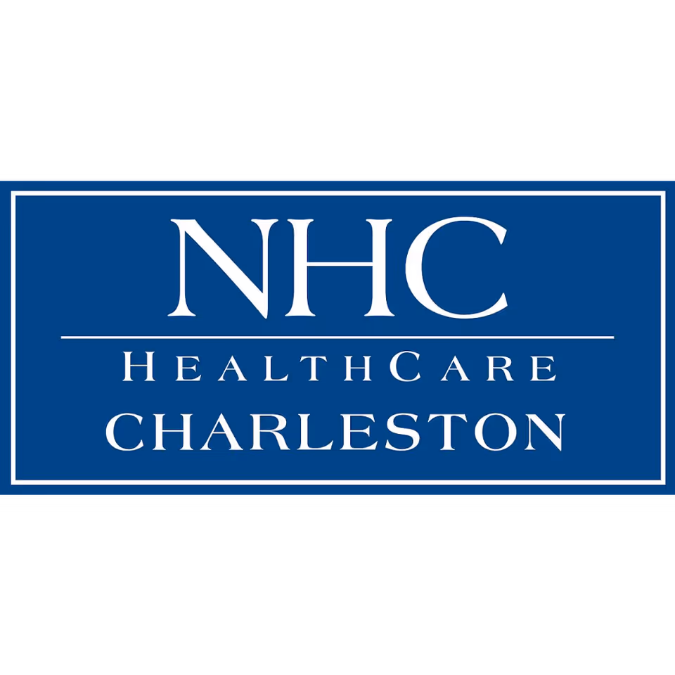 Blue NHC Healthcare Charleston sign with white frame and lettering.