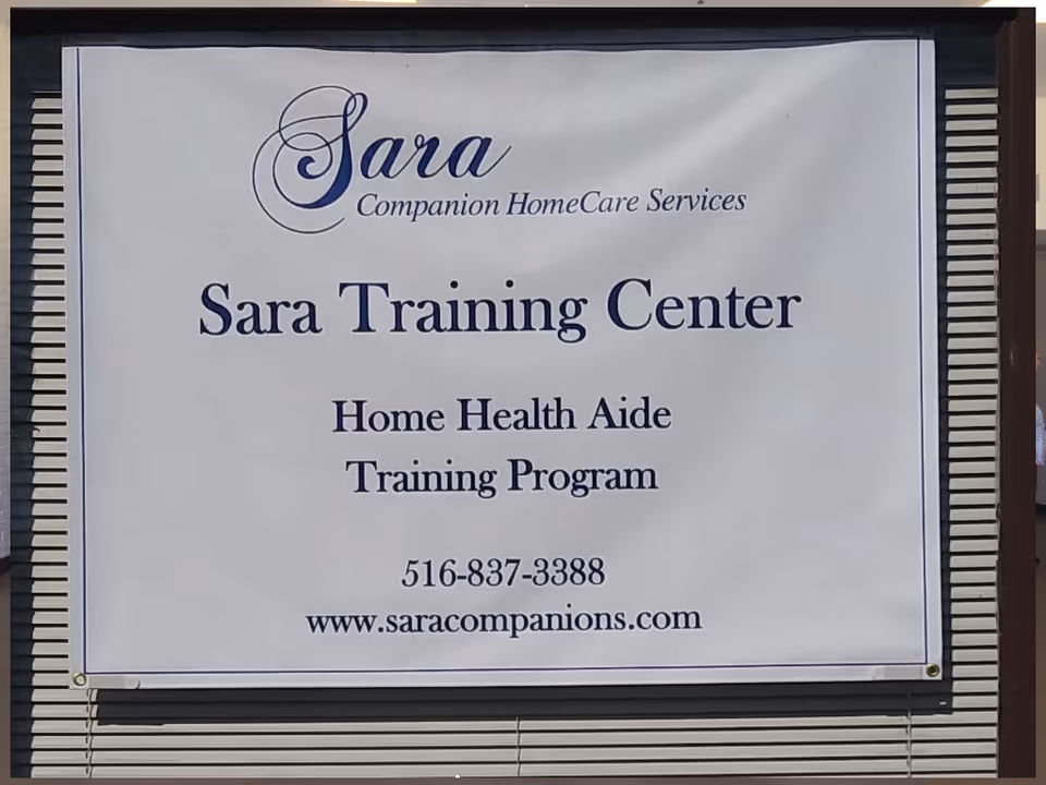 Exterior building sign reading Sara Training Center for Home Health Aide Training Program