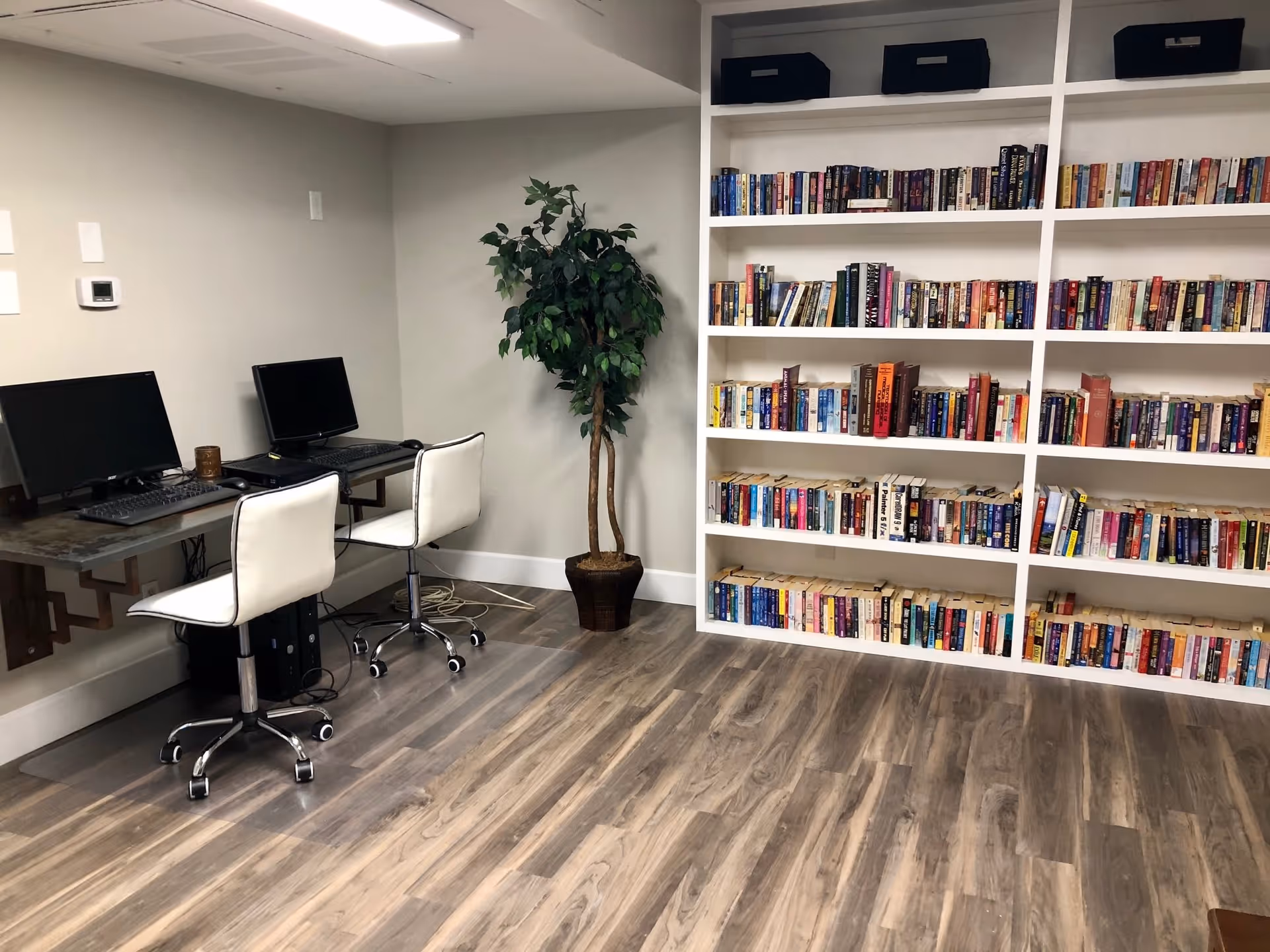 A room with two computer workstations featuring black monitors and white swivel chairs on wheels. There is a tall potted artificial plant in the corner and a large white bookshelf filled with books along the right wall. The floor has wood-style vinyl flooring and the walls are painted light gray.