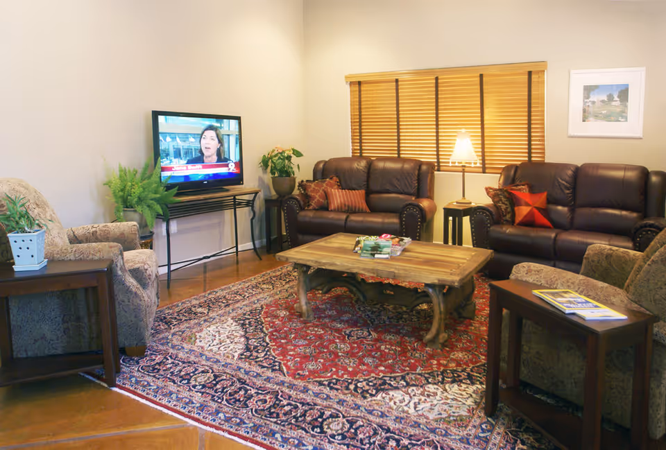 A cozy living room with two dark brown leather sofas and two patterned armchairs arranged around a wooden coffee table on a large red and blue patterned rug. A flat-screen TV on a stand is in the corner, showing a woman speaking. There are plants on side tables and a lamp next to one sofa, with a window covered by wooden blinds behind the sofas.