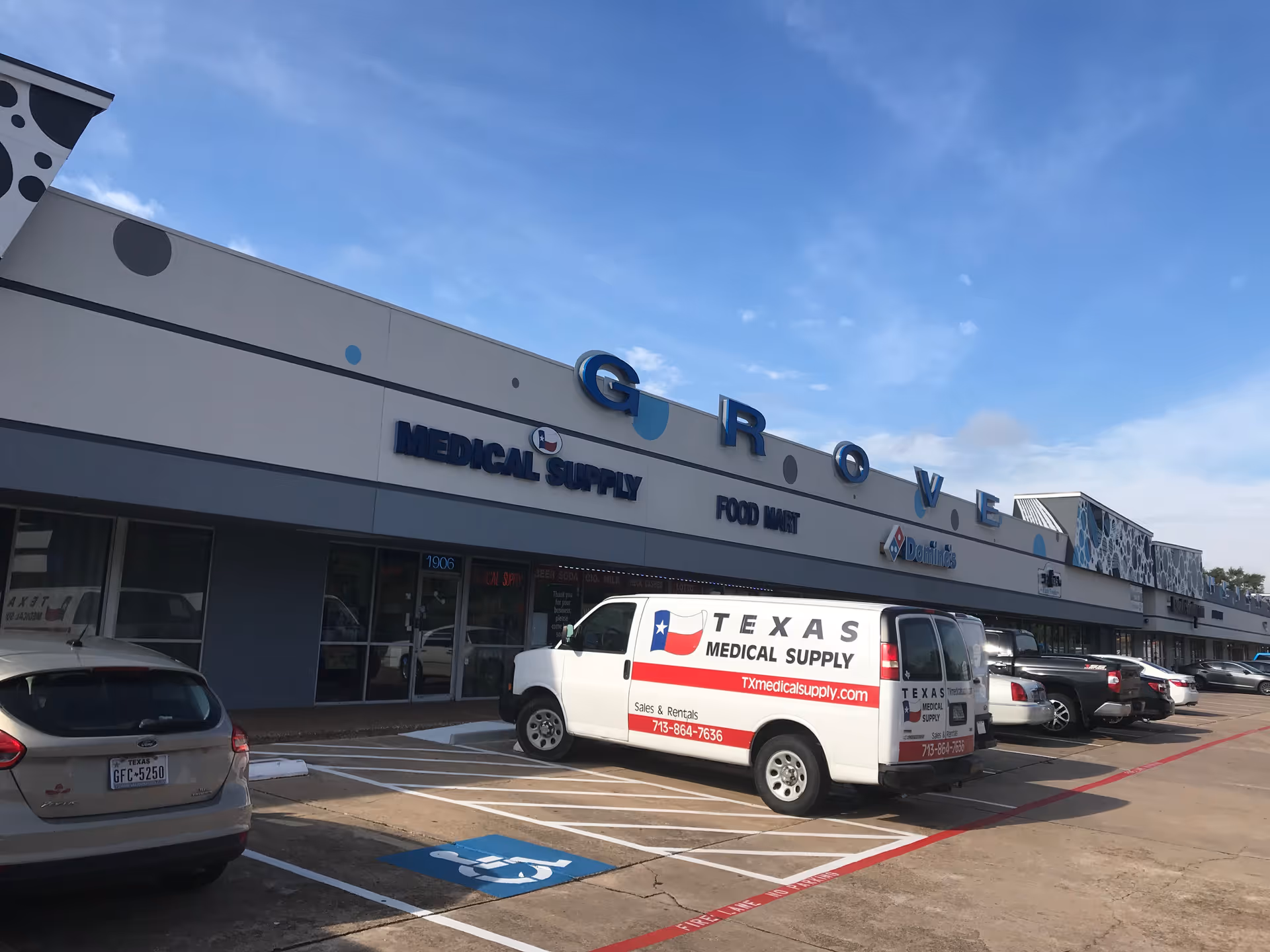 Exterior view of medical supply storefront with Texas Medical Supply van in the parking lot.