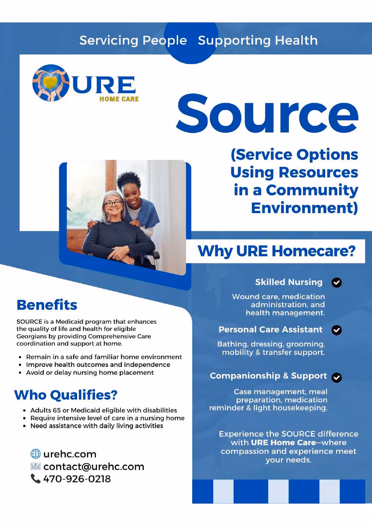 Blue URE Home Care brochure featuring a caregiver with resident photo