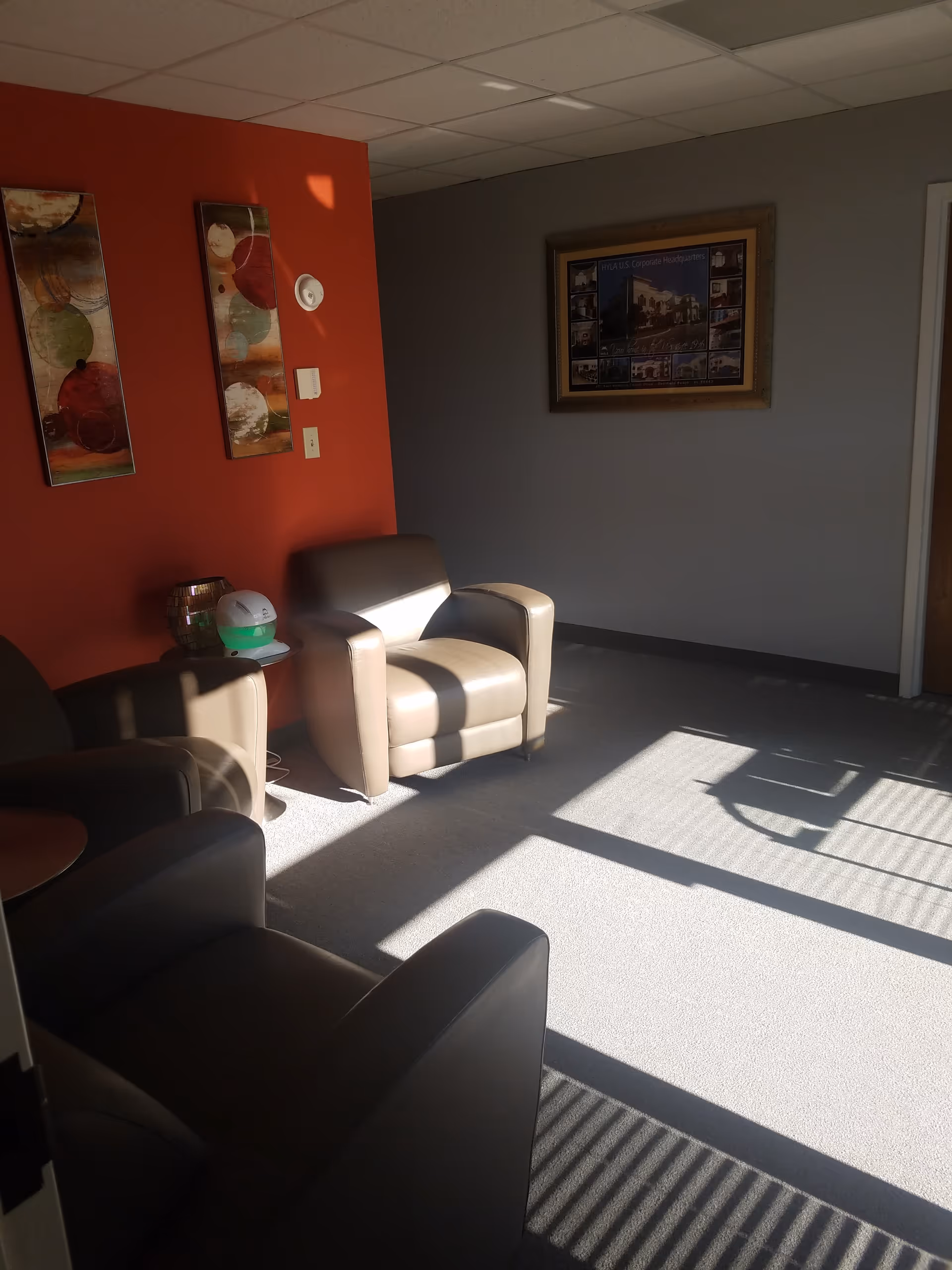 Sunlit waiting area with brown chairs, red accent wall, and framed art.