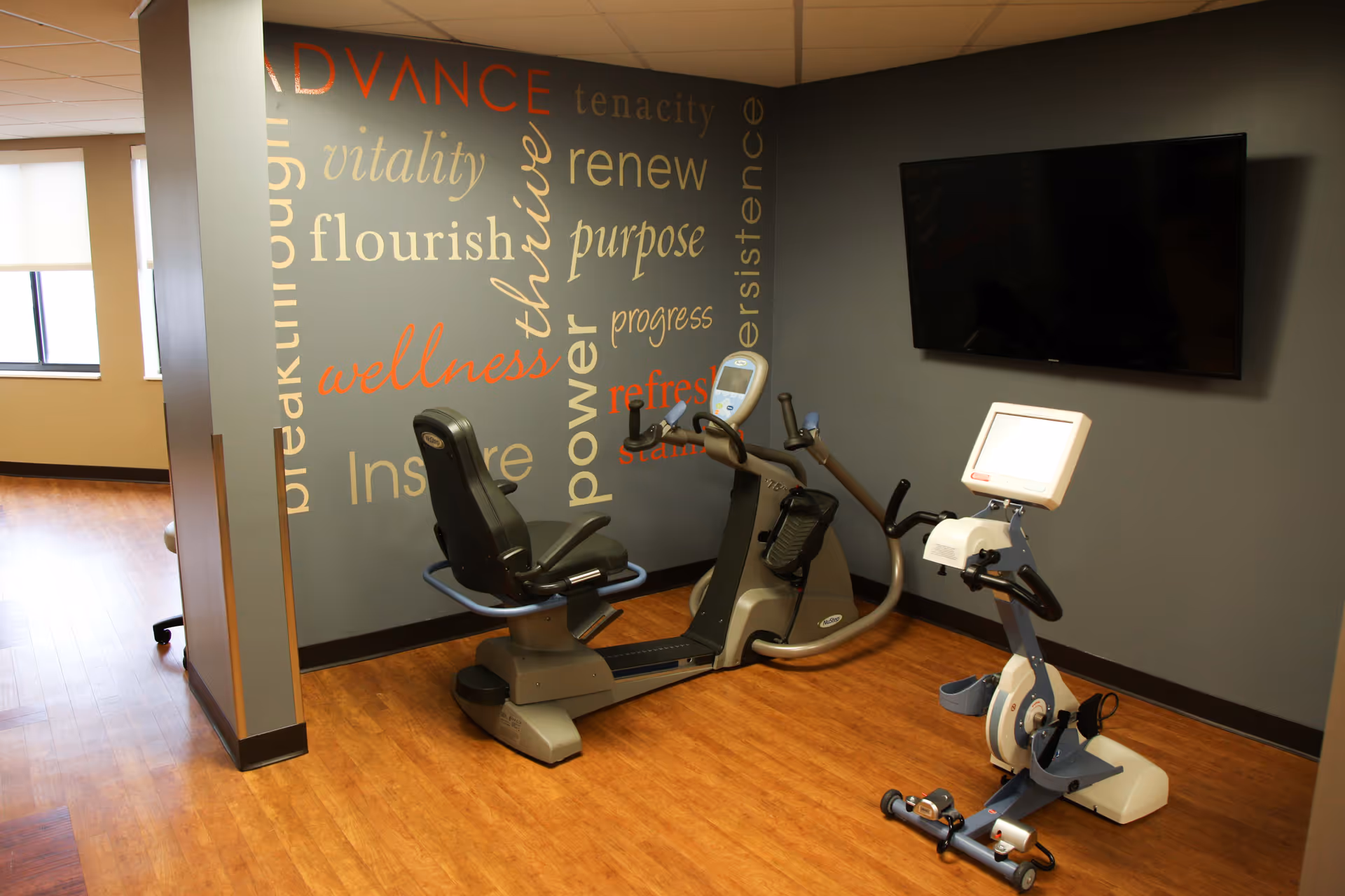 Interior fitness room with a treadmill, exercise bike, wall art, and a mounted TV.