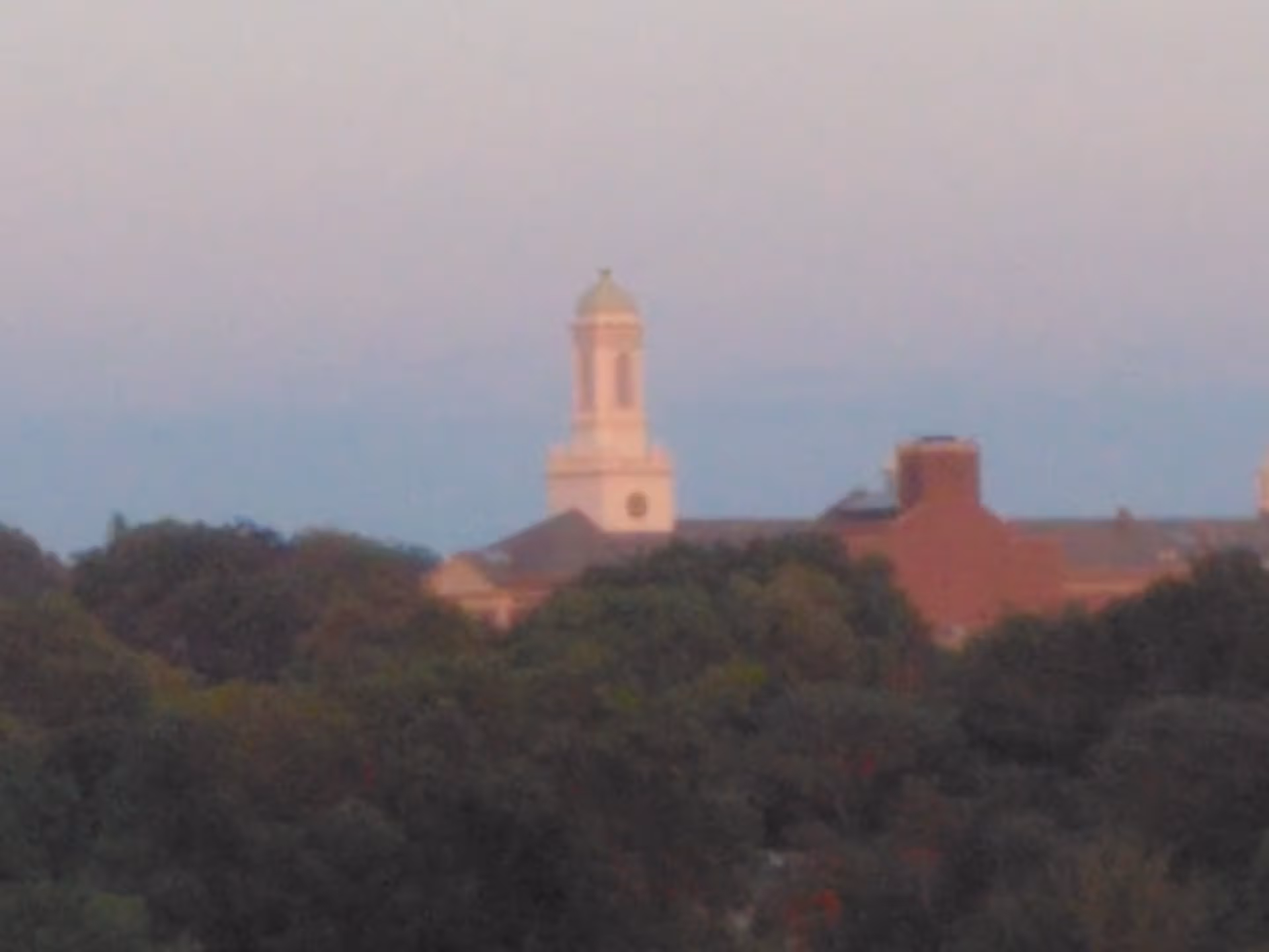 Distant view of a building with a tower rising above trees at sunset.