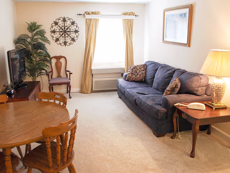 Cozy living room with a blue sofa and patterned pillows, side table with lamp and phone, round wooden dining table and chairs, TV on a cabinet, and a curtained window.