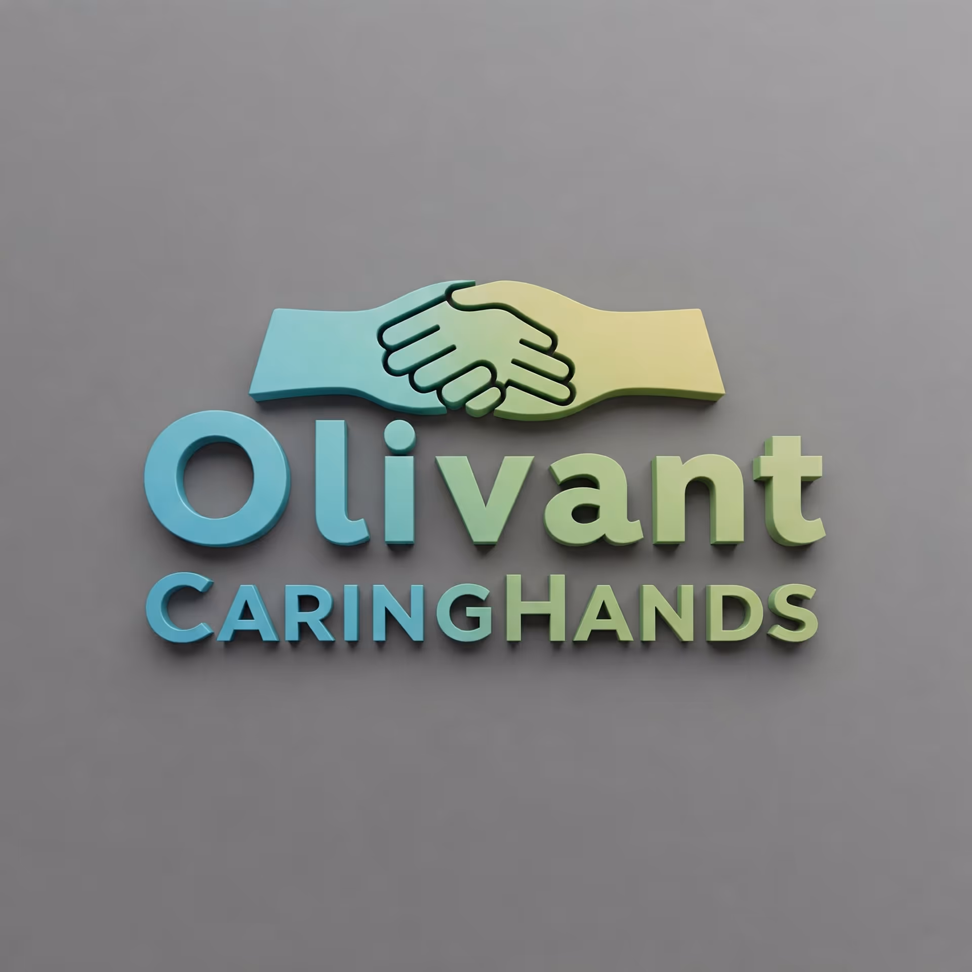 3D sign on gray wall displaying Olivant Caring Hands logo with clasped hands