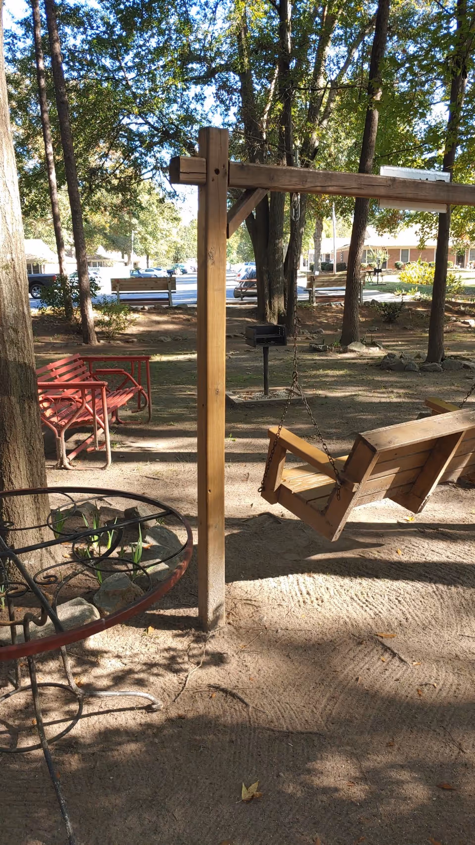 Outdoor courtyard with wooden swing, benches, and tall trees in a shaded area.