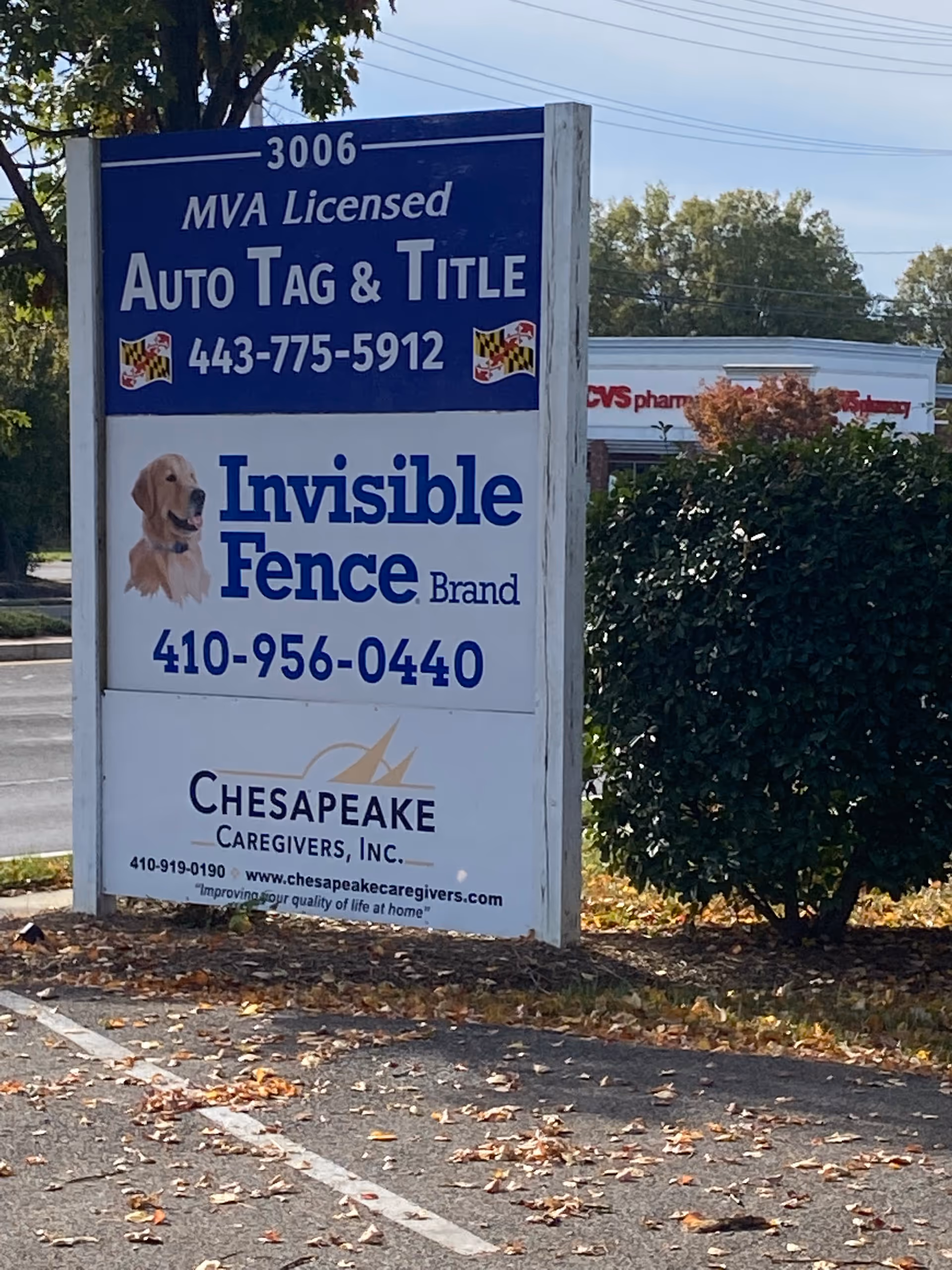 Tall outdoor sign advertising Chesapeake Caregivers and other brands near a storefront.