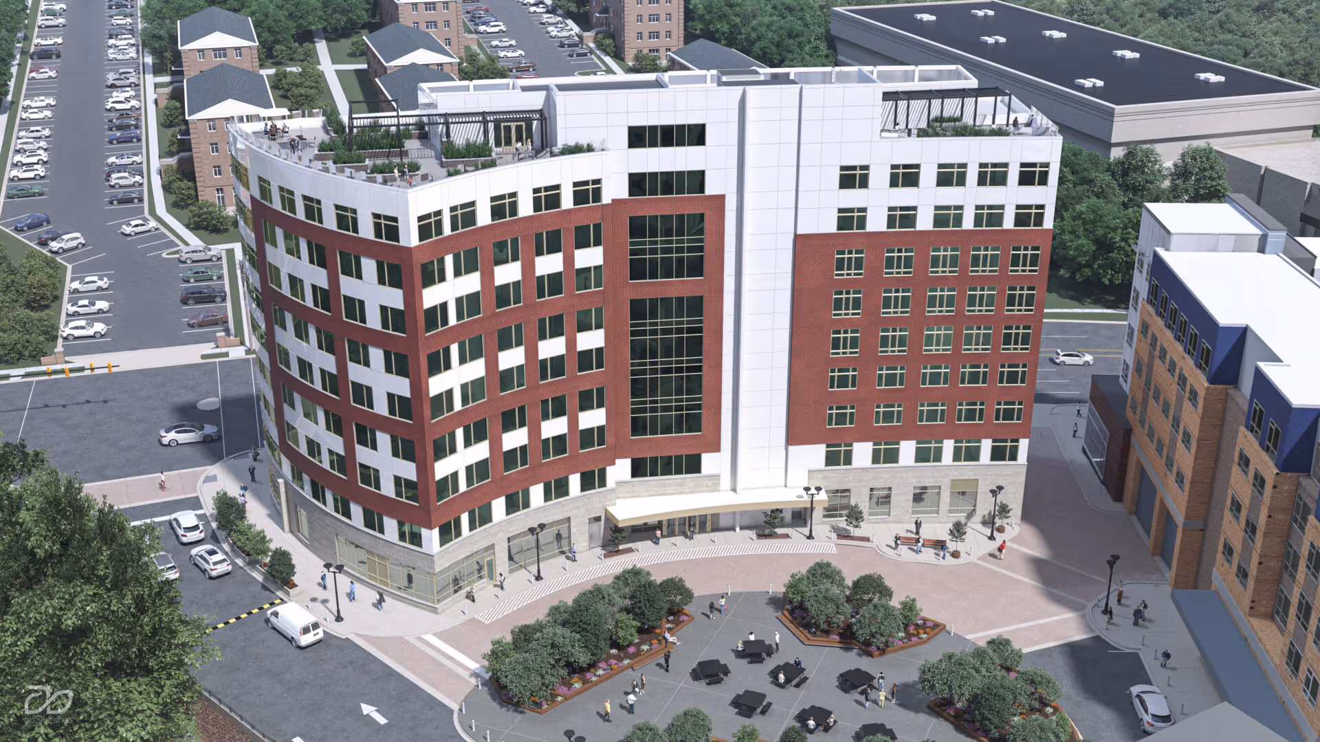 A modern senior living building exterior with a curved red-brick facade and plaza.