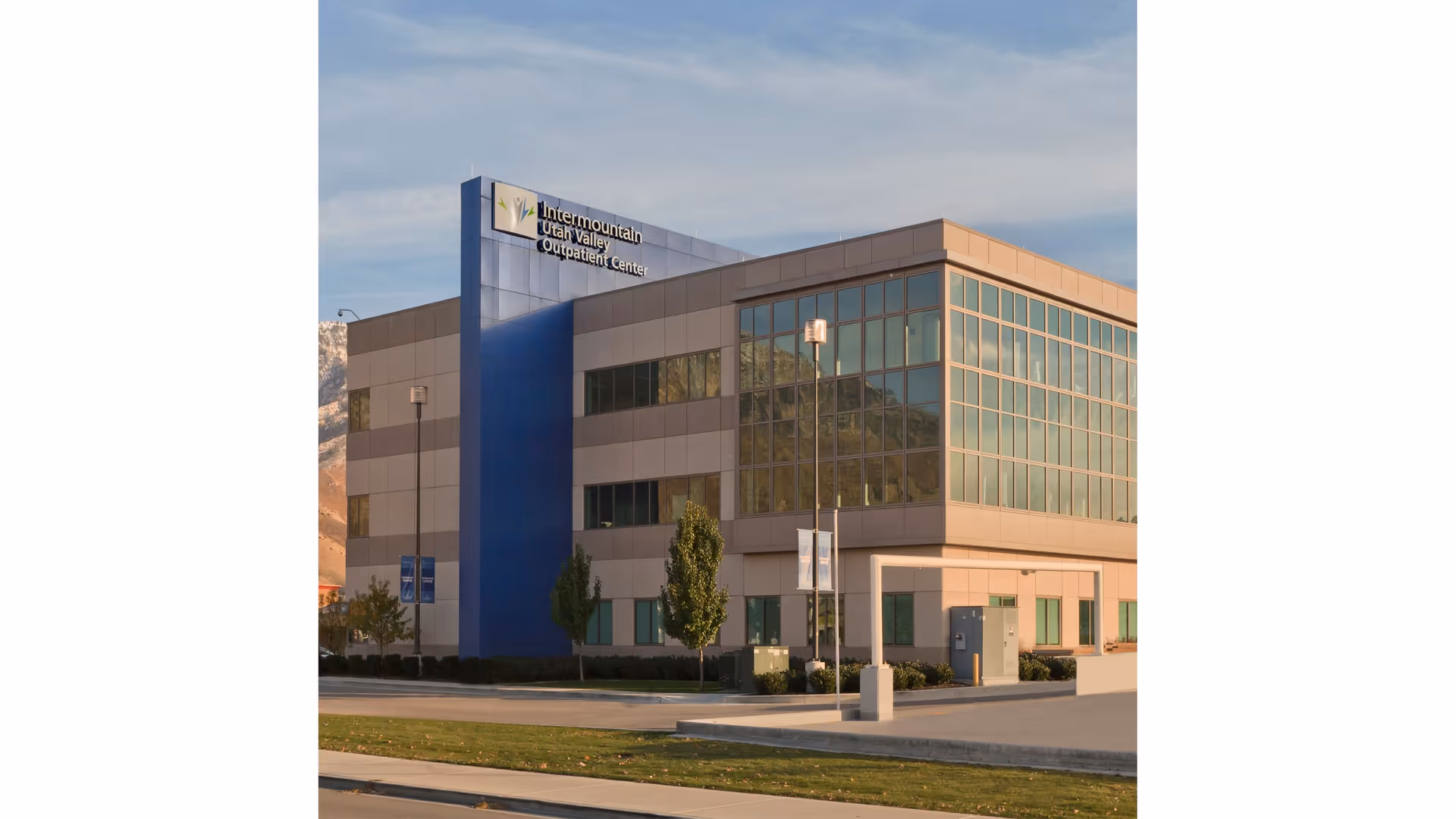 Exterior view of Intermountain Utah Valley Outpatient Center with a blue vertical column.