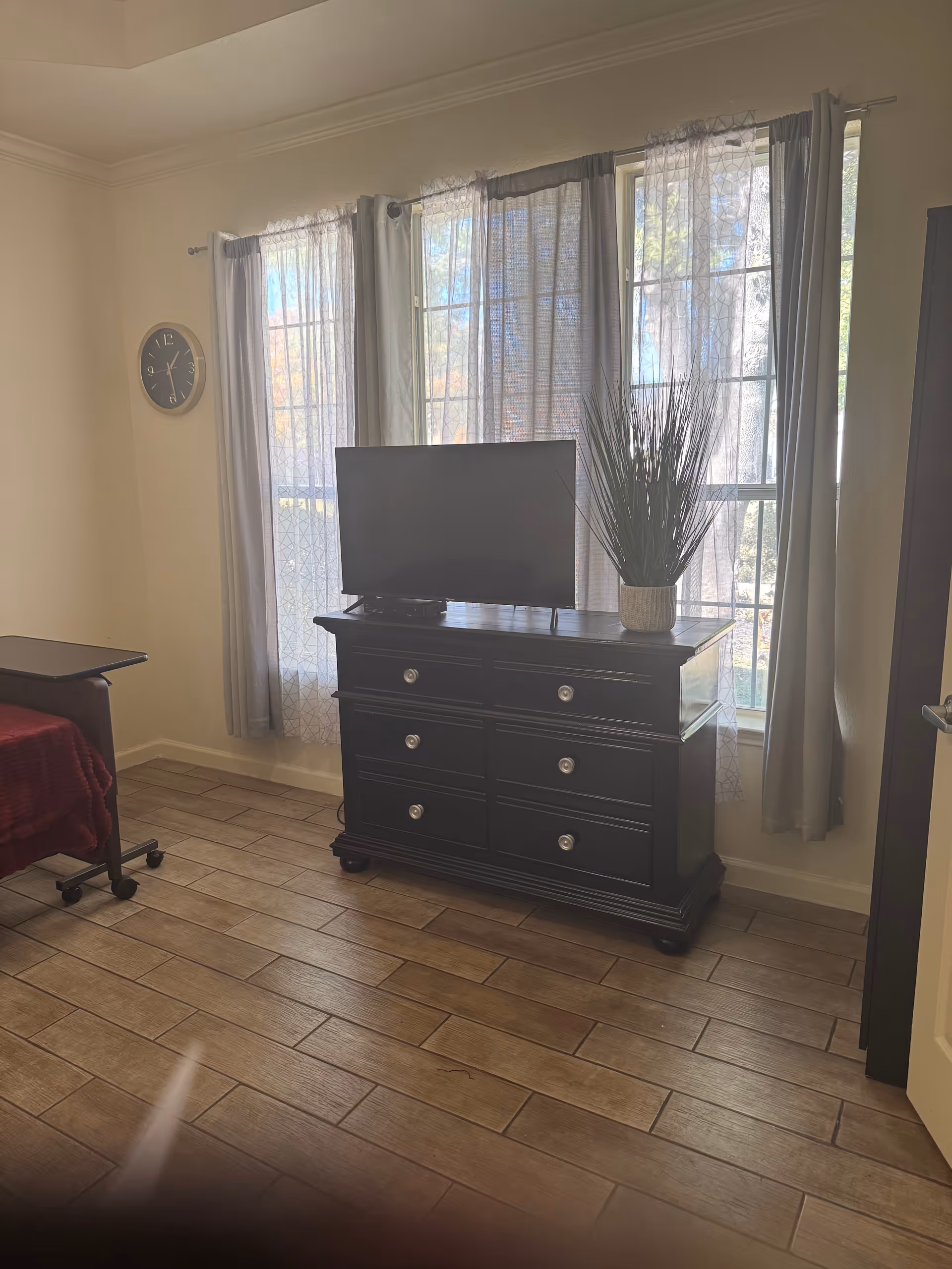 A living room-style interior with a dark dresser, TV, and potted plant by a large window.