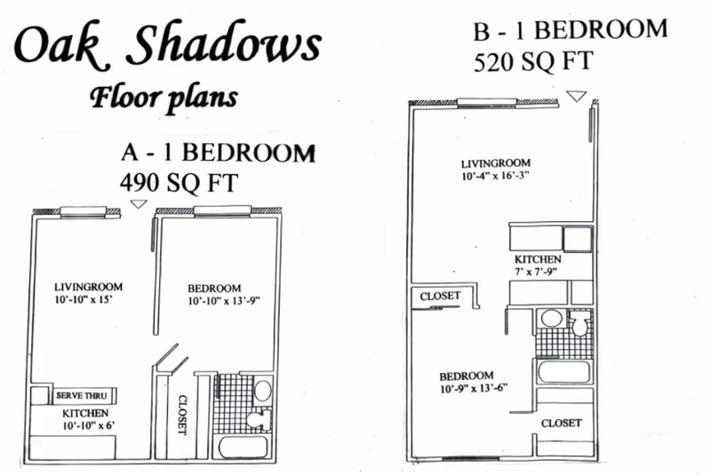 Floor plans for Oak Shadows showing two one-bedroom apartment layouts. Plan A is 490 square feet with a living room, kitchen, bedroom, bathroom, and closet. Plan B is 520 square feet with a living room, kitchen, bedroom, bathroom, and two closets.