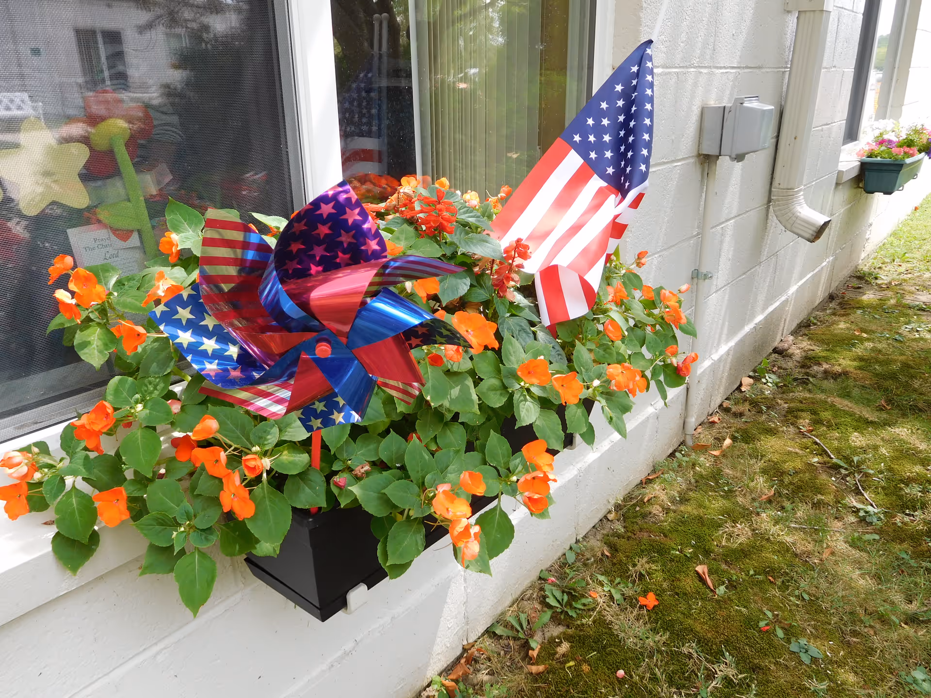 A window flower box with orange flowers, an American flag, and a red-white-blue pinwheel on the exterior wall of a building.