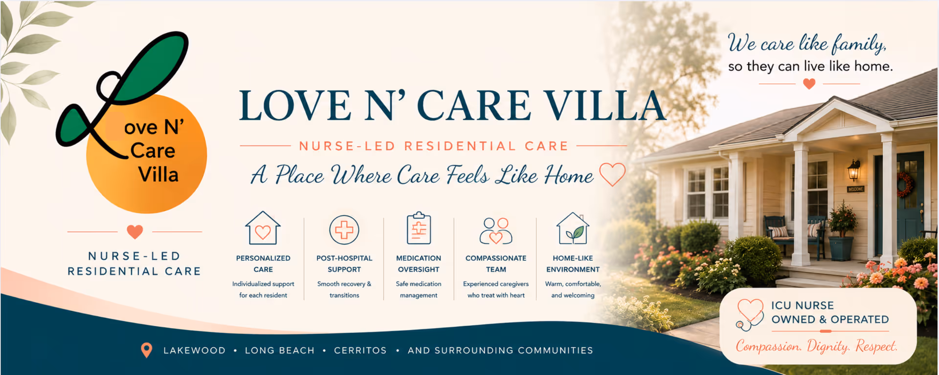 Promotional banner for Love N' Care Villa featuring an exterior building and logo.