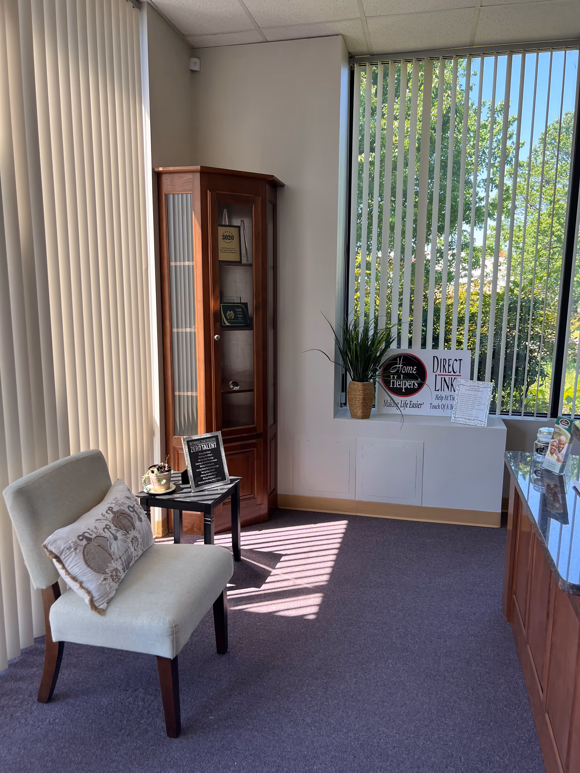 Cozy interior lobby with chair, cabinet, plant, and large vertical blinds.