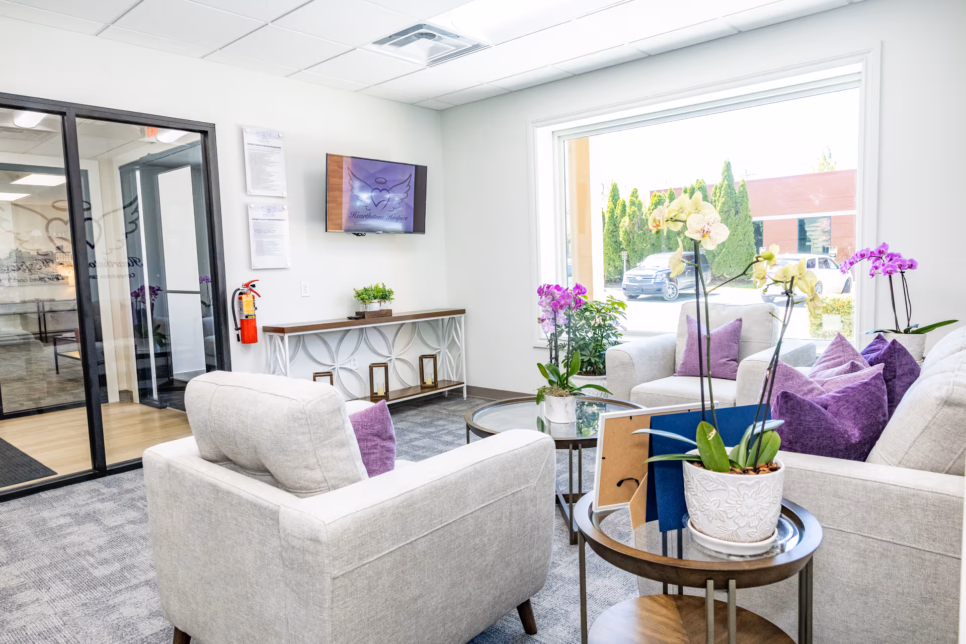 Light-filled lounge with sofas, plants, and a large window in a hospice.