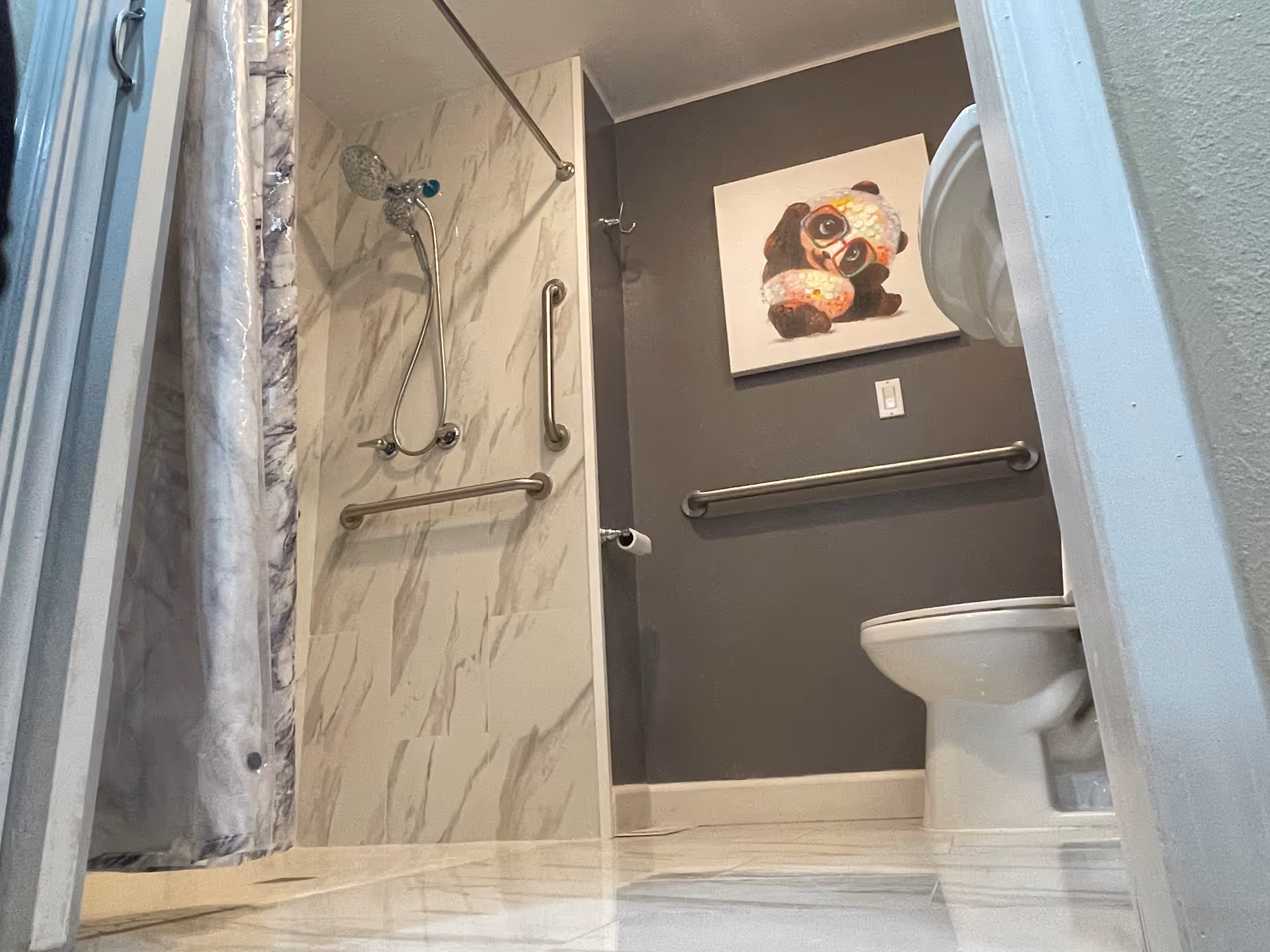 Accessible bathroom with marble shower, grab bars, toilet, and artwork on dark wall.