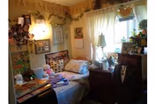 Cozy bedroom with a bed, dresser, plants, and soft lighting in a residential room.