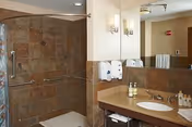 Accessible bathroom featuring a tiled walk-in shower and a sink vanity with mirror.