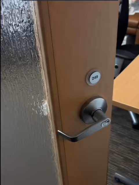 Interior view of a wooden door with a silver lever handle and room number 249.