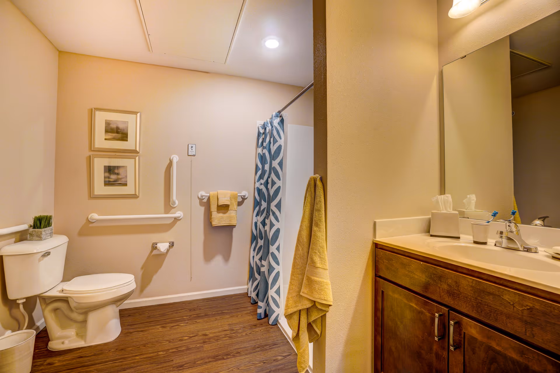 A bathroom with a toilet, a shower with a blue and white patterned curtain, a sink with a large mirror above it, and wooden cabinets below. The walls are light-colored, and there are two framed pictures above the toilet. Several grab bars are installed on the walls for support, and yellow towels hang on the wall and cabinet. The floor has a wood-like finish.